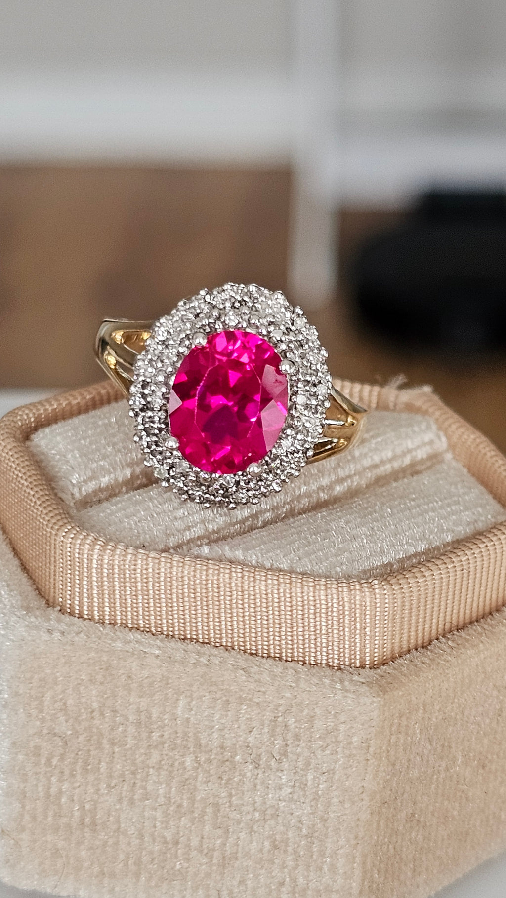 9ct Yellow Gold Cluster Ring | Lab Grown Ruby & Natural Diamonds | Size Q | 4.08g