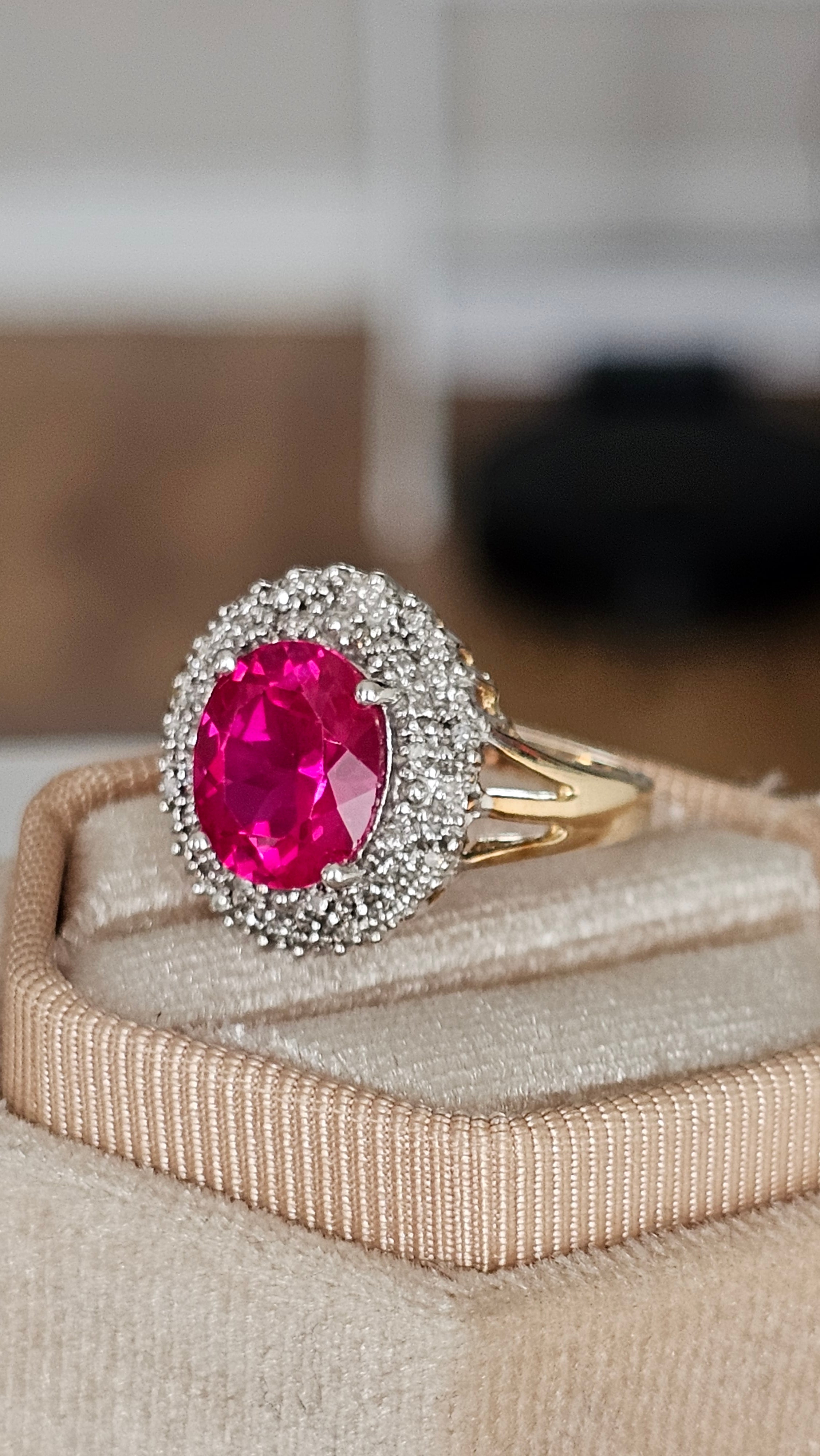 9ct Yellow Gold Cluster Ring | Lab Grown Ruby & Natural Diamonds | Size Q | 4.08g
