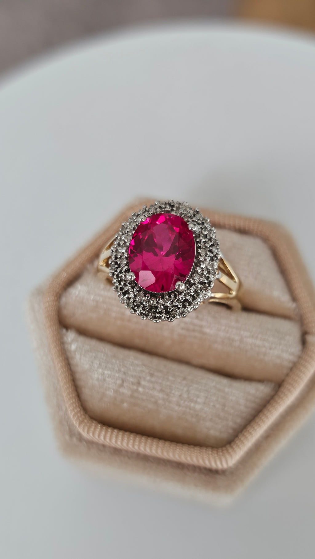 9ct Yellow Gold Cluster Ring | Lab Grown Ruby & Natural Diamonds | Size Q | 4.08g