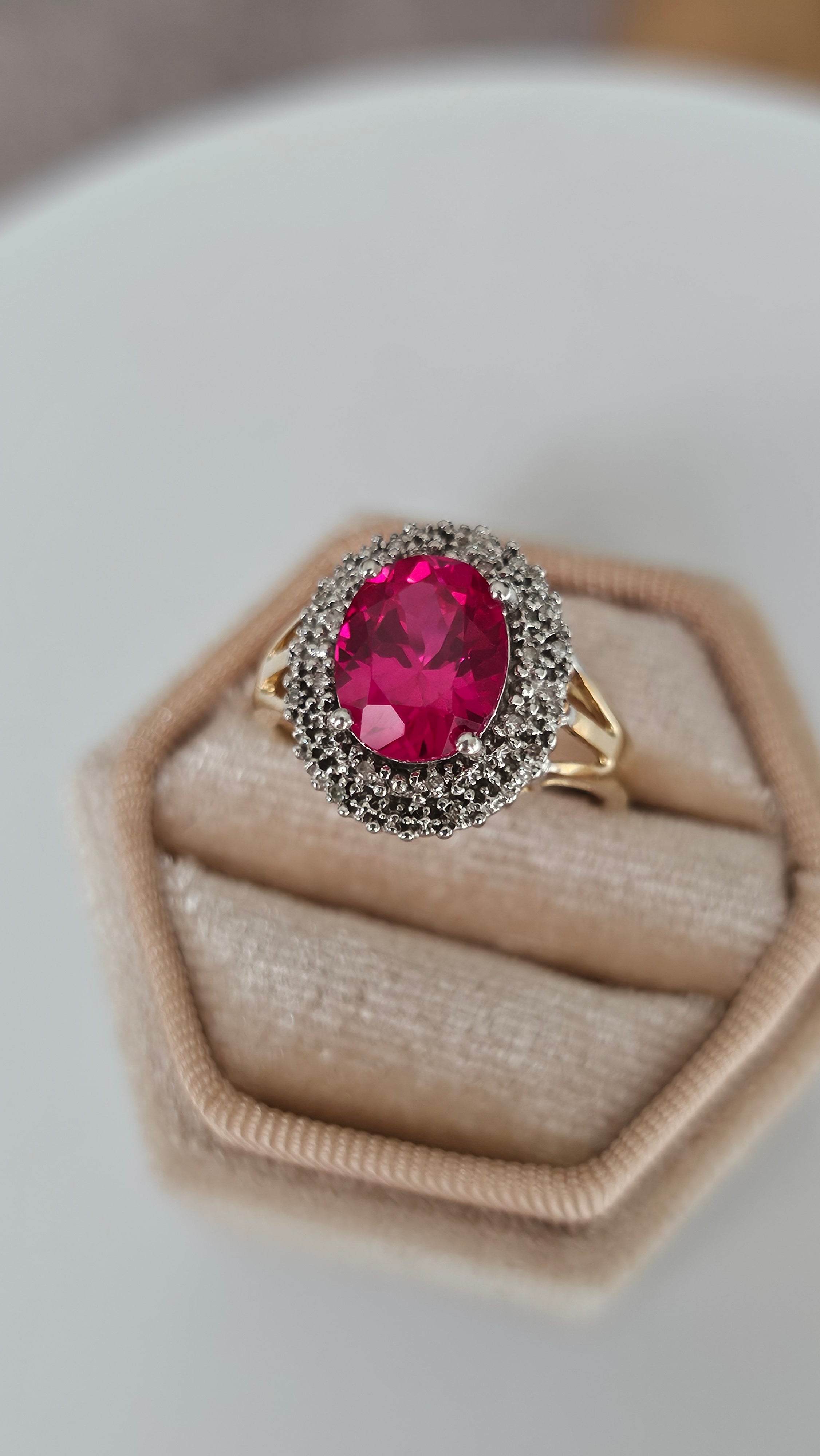 9ct Yellow Gold Cluster Ring | Lab Grown Ruby & Natural Diamonds | Size Q | 4.08g