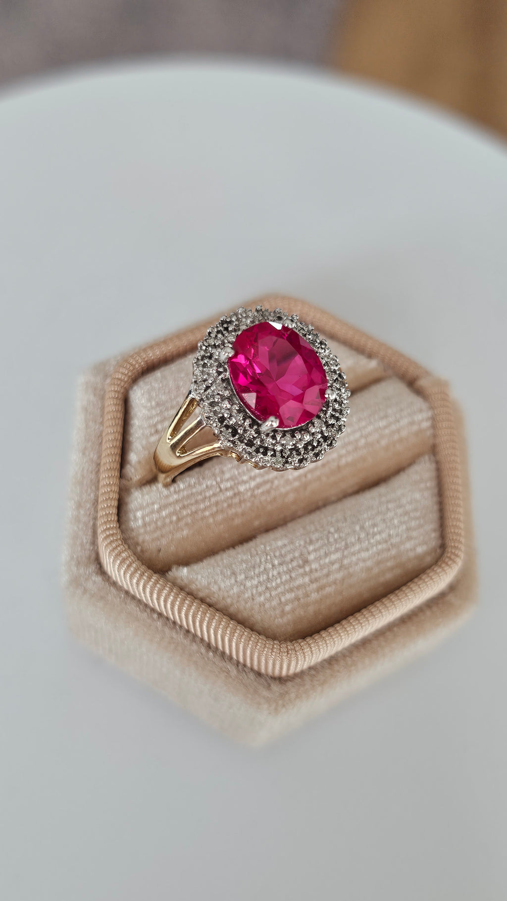 9ct Yellow Gold Cluster Ring | Lab Grown Ruby & Natural Diamonds | Size Q | 4.08g