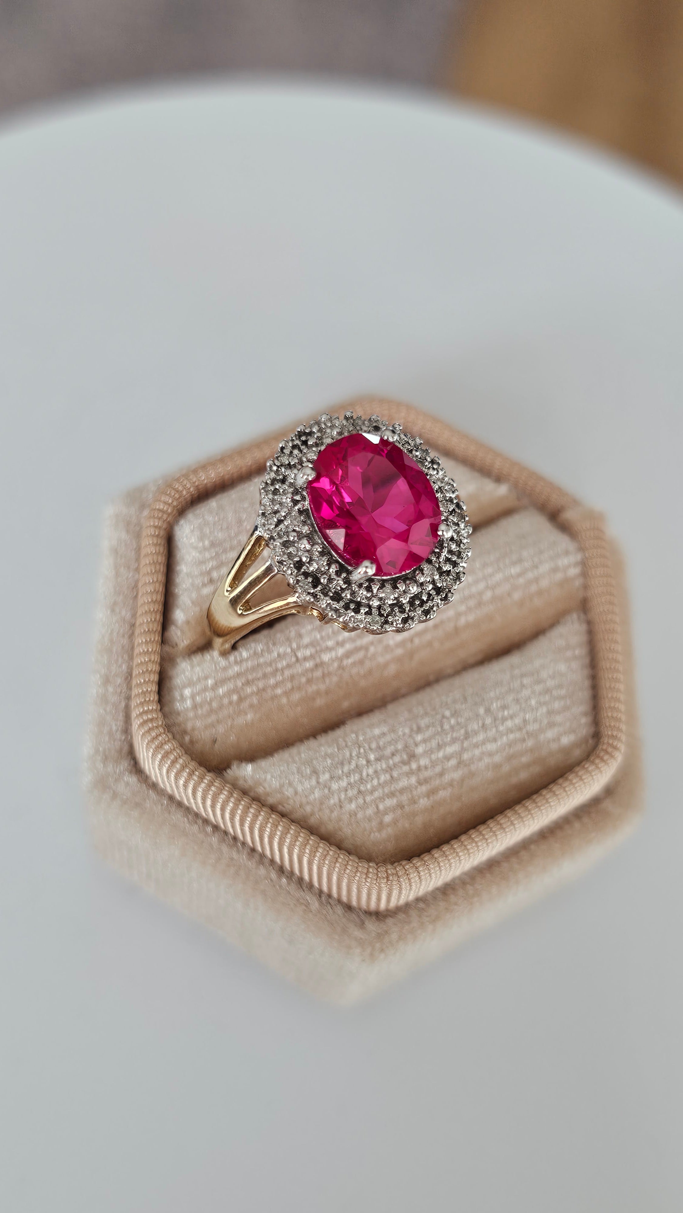 9ct Yellow Gold Cluster Ring | Lab Grown Ruby & Natural Diamonds | Size Q | 4.08g