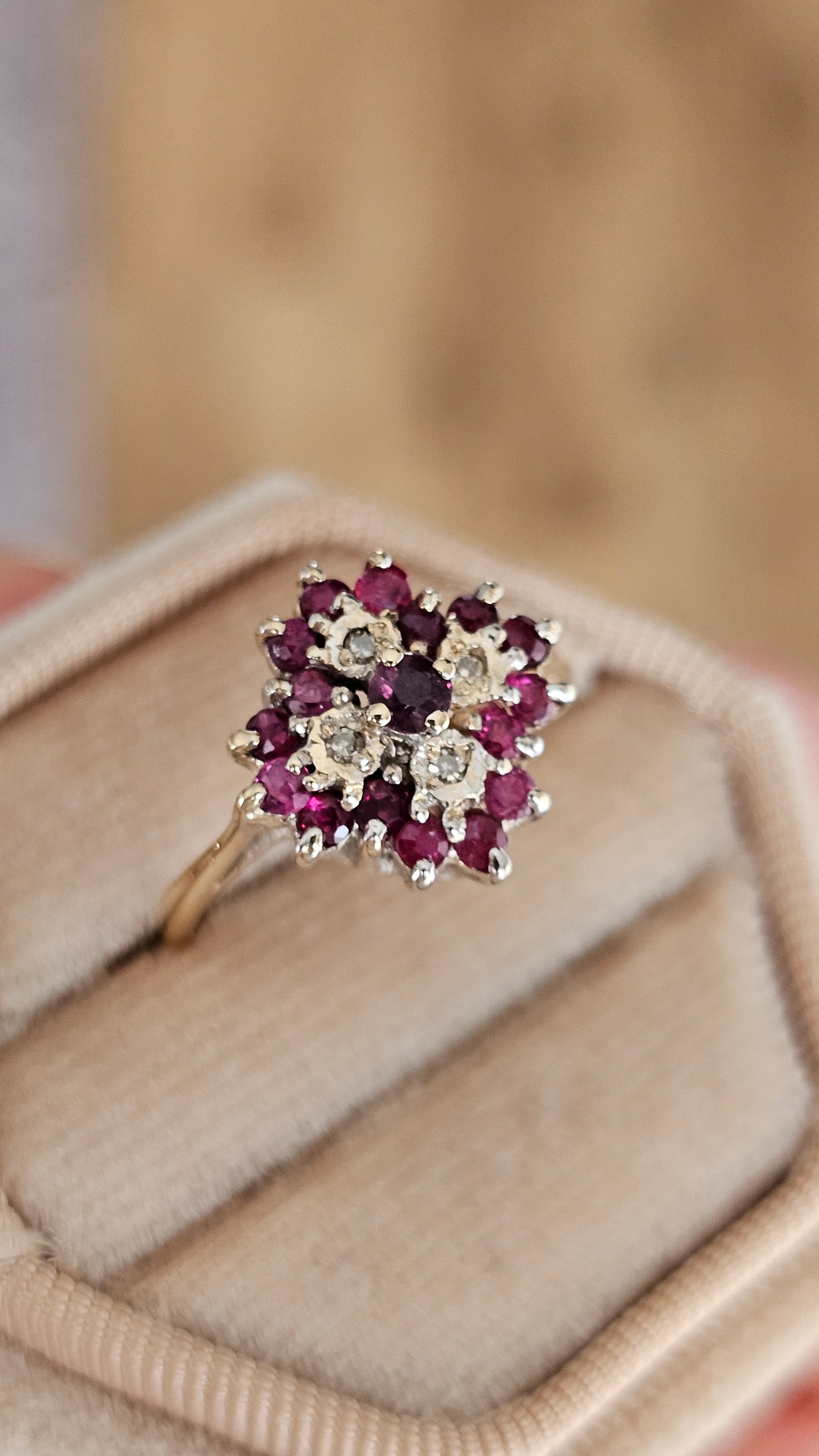Vintage 9ct Yellow Gold Natural Ruby & Diamond Floral Cluster Ring – Size L 1/2 (US 6)