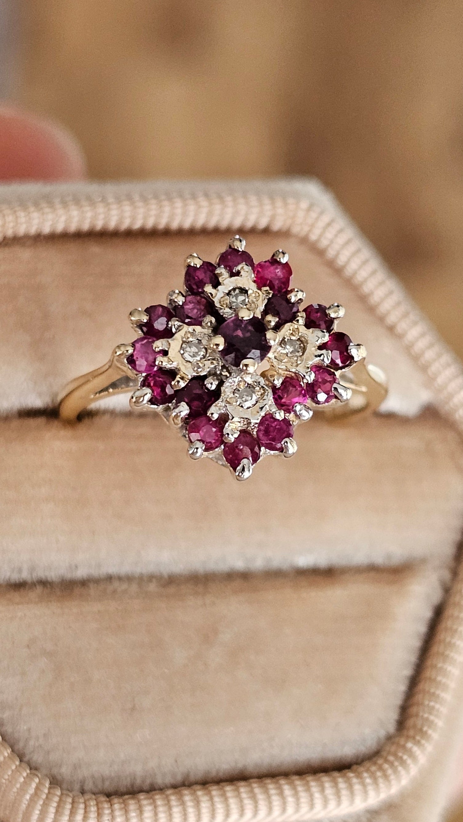 Vintage 9ct Yellow Gold Natural Ruby & Diamond Floral Cluster Ring – Size L 1/2 (US 6)