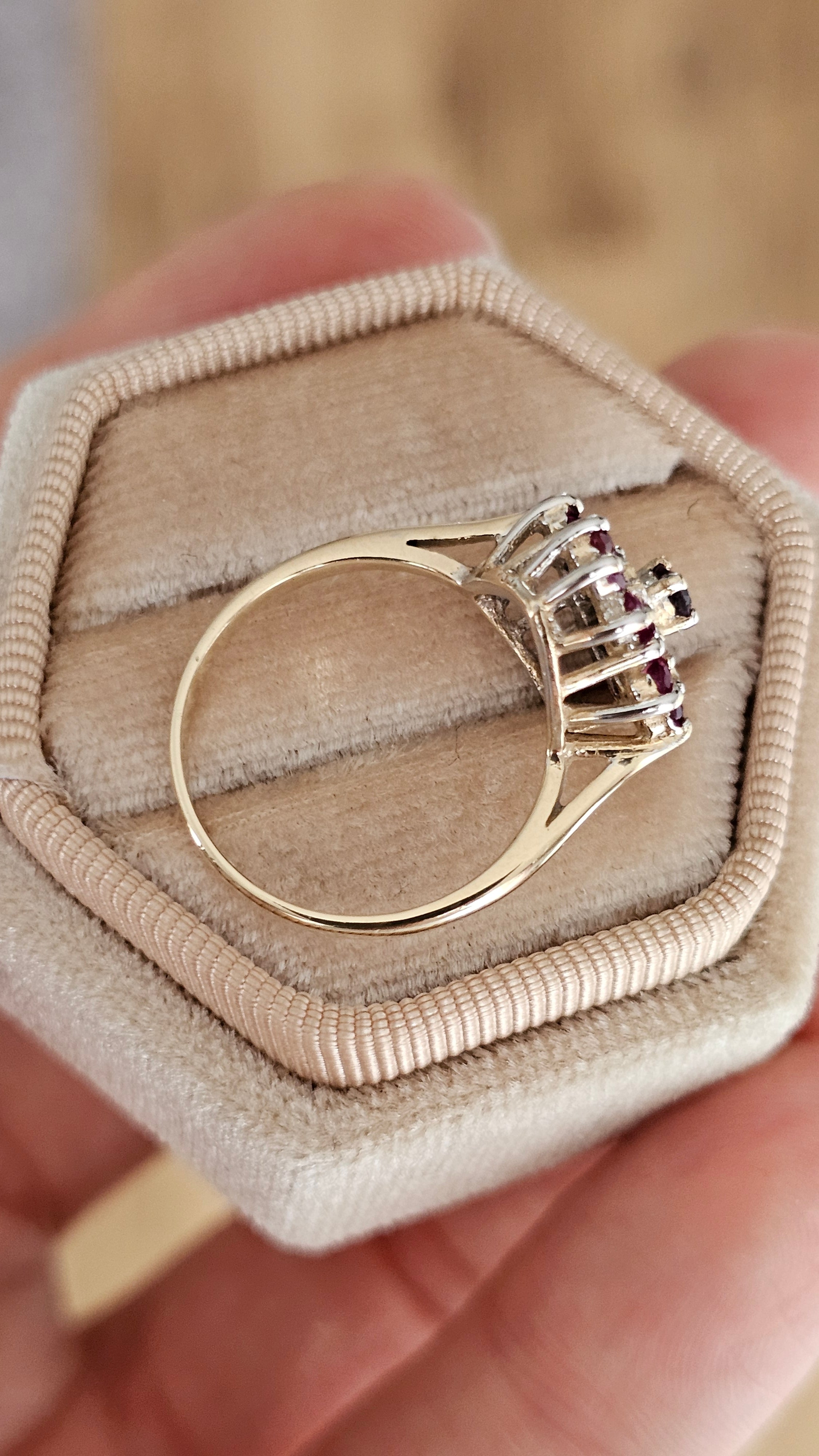 Vintage 9ct Yellow Gold Natural Ruby & Diamond Floral Cluster Ring – Size L 1/2 (US 6)