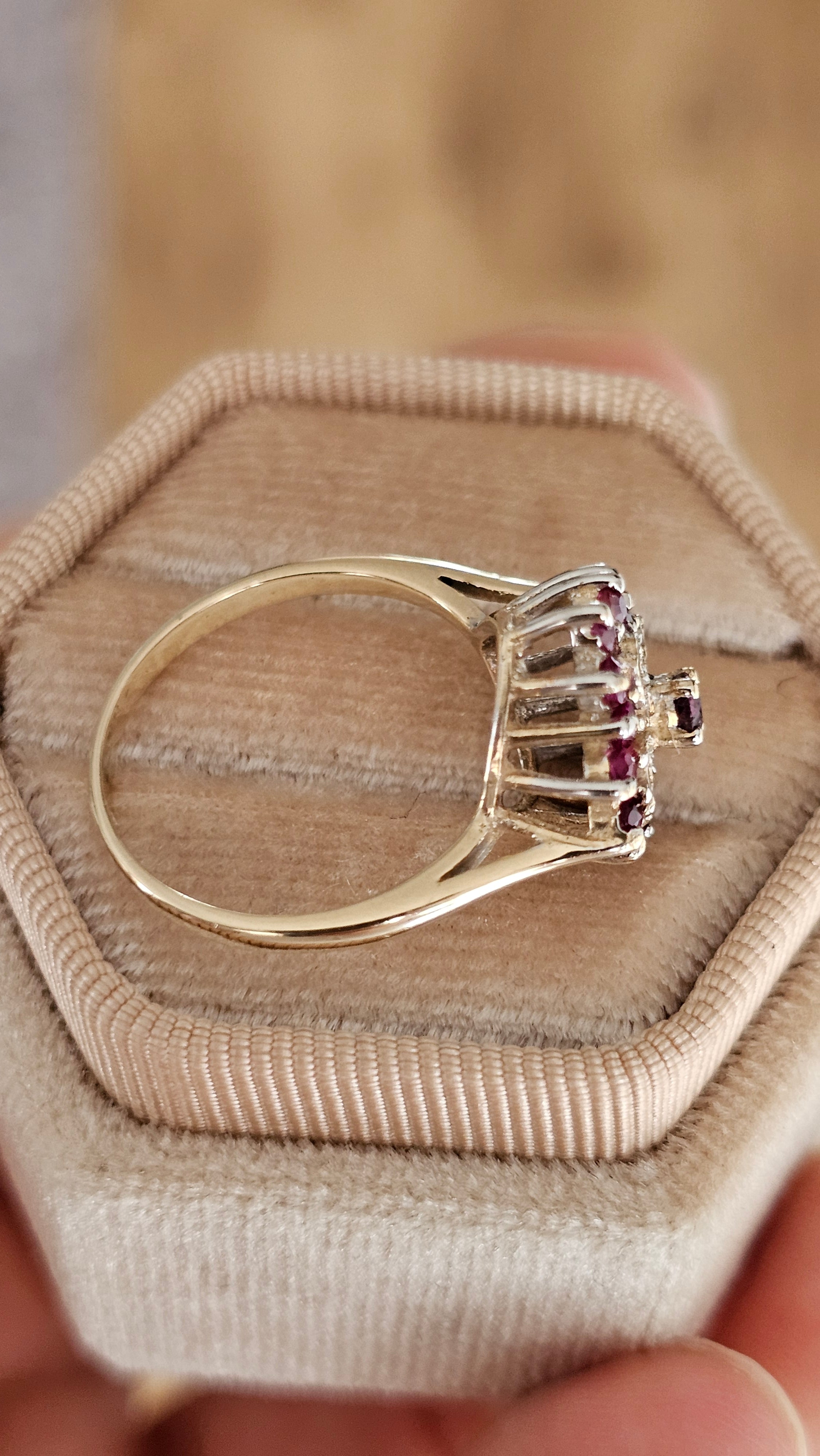 Vintage 9ct Yellow Gold Natural Ruby & Diamond Floral Cluster Ring – Size L 1/2 (US 6)
