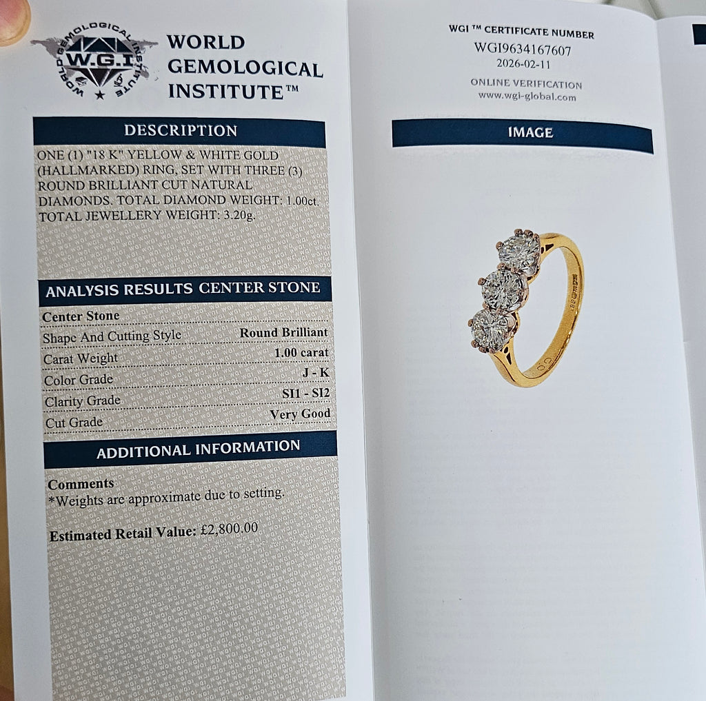 18ct Yellow Gold 1.00ct Natural Diamond Three-Stone Ring – WGI Certified (Size I 1/2)