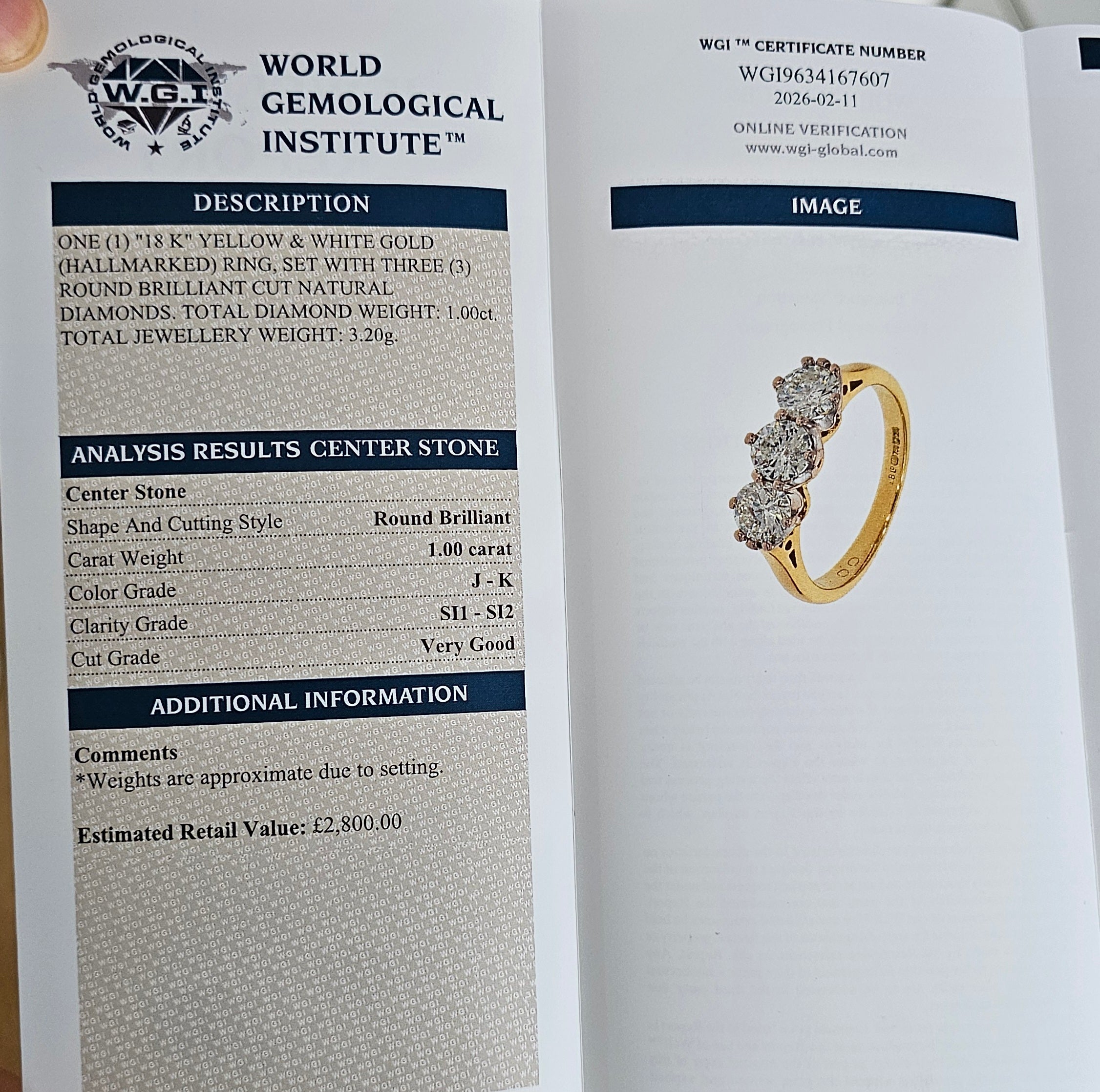 18ct Yellow Gold 1.00ct Natural Diamond Three-Stone Ring – WGI Certified (Size I 1/2)