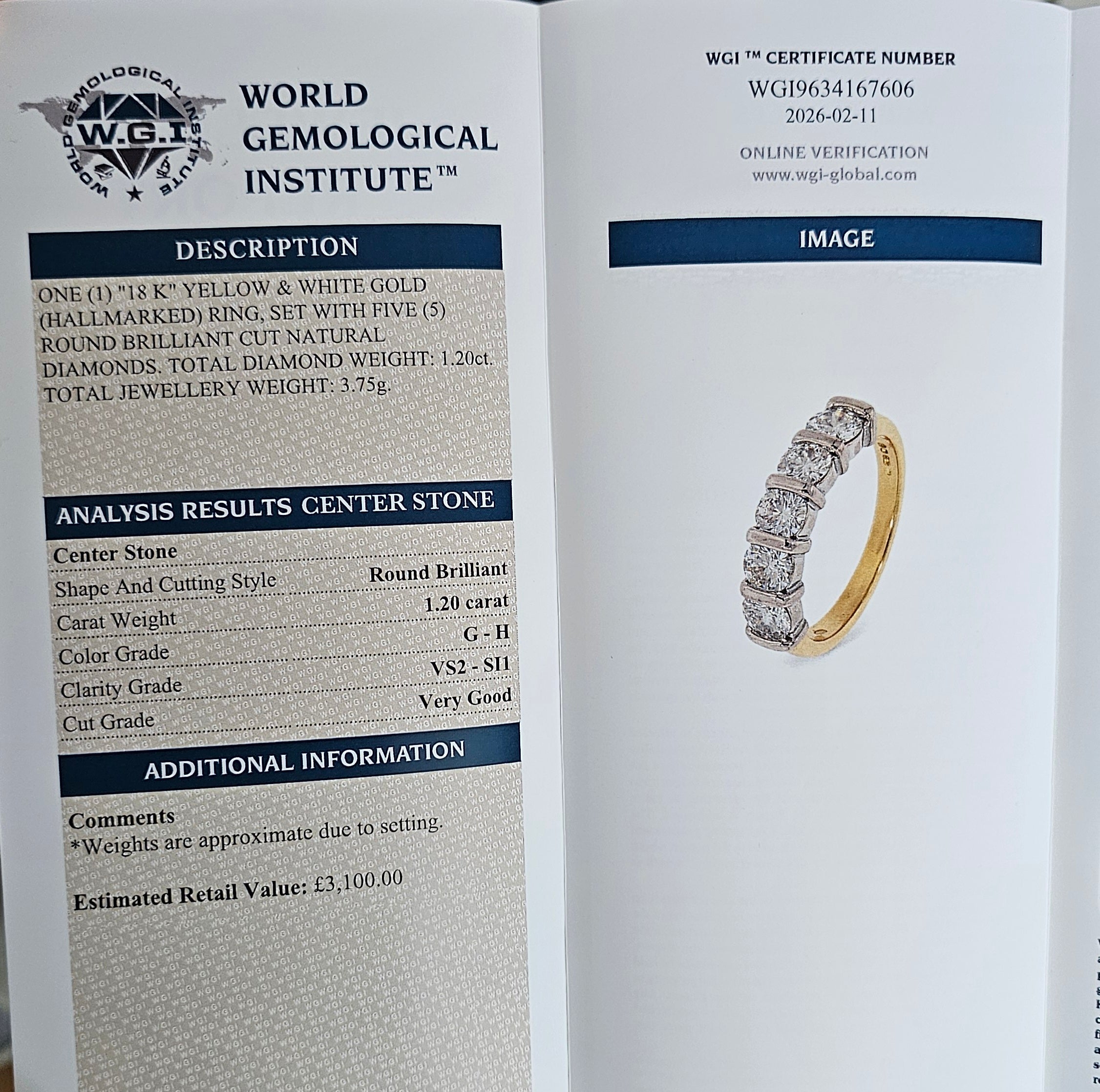 18ct Yellow & White Gold 1.20ct 5-Stone Diamond Ring – WGI Certified (Size I 1/2)