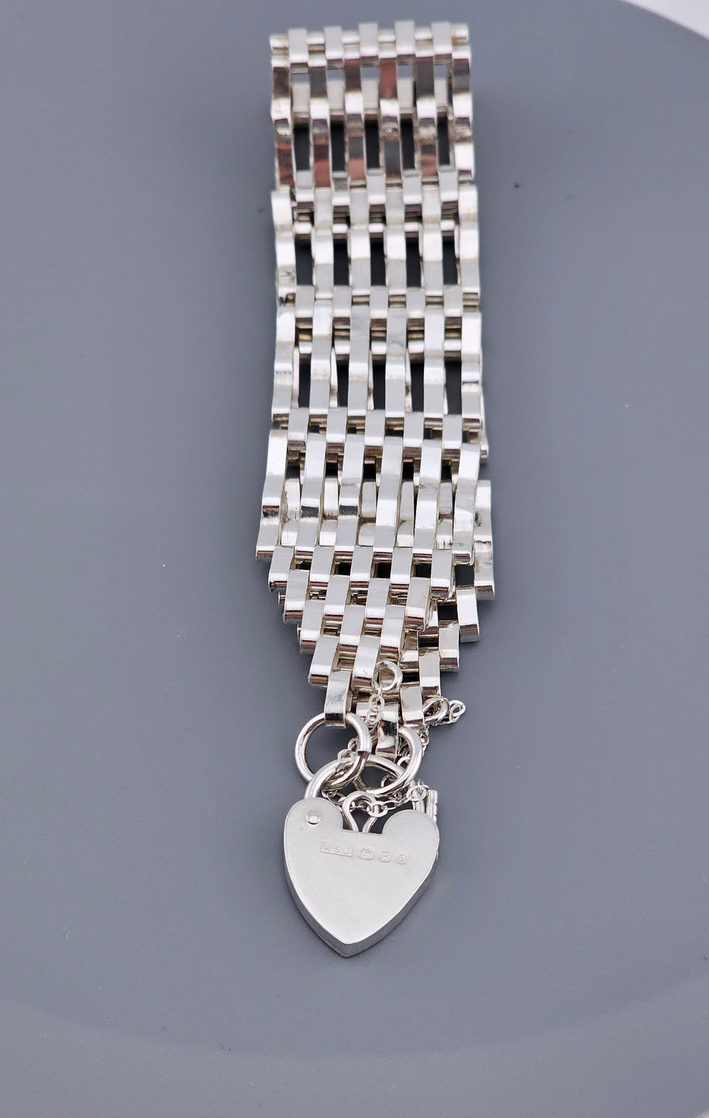 Vintage 1979 Sterling Silver Wide Gate Bracelet with Heart Padlock (20.75g)