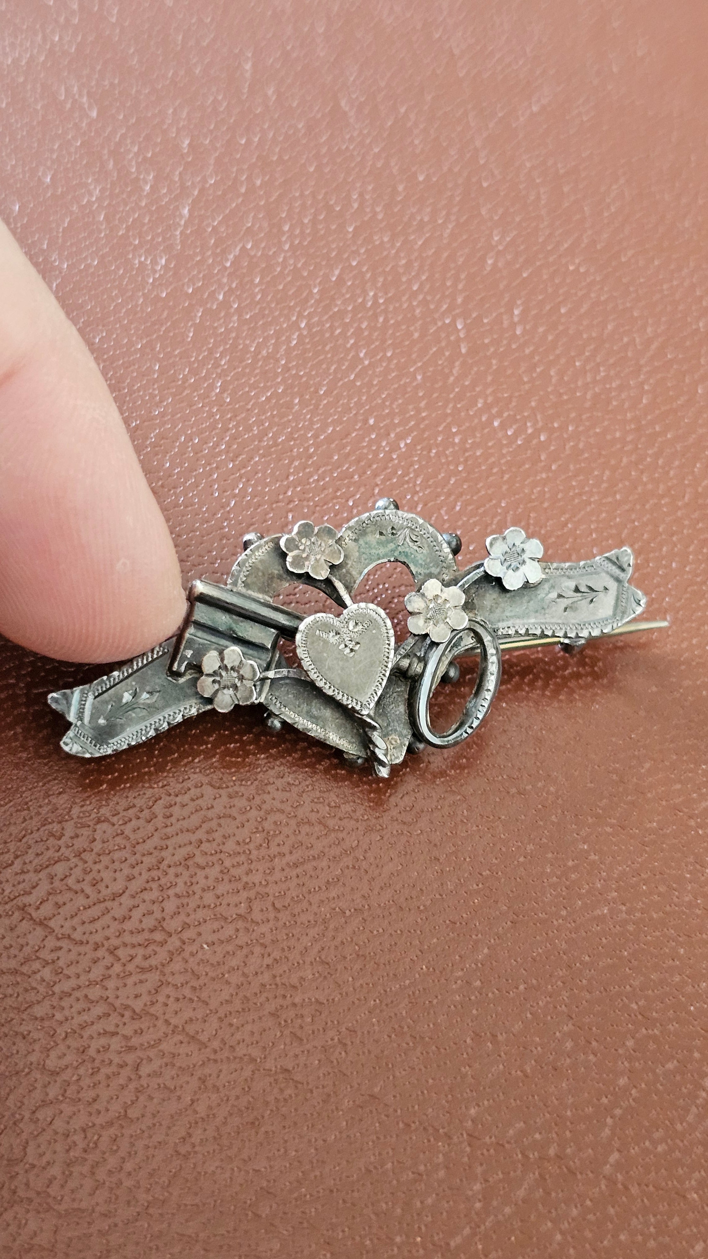 Antique 1897 Sterling Silver "Key to My Heart" Sweetheart Brooch – Rare Chester Hallmarks
