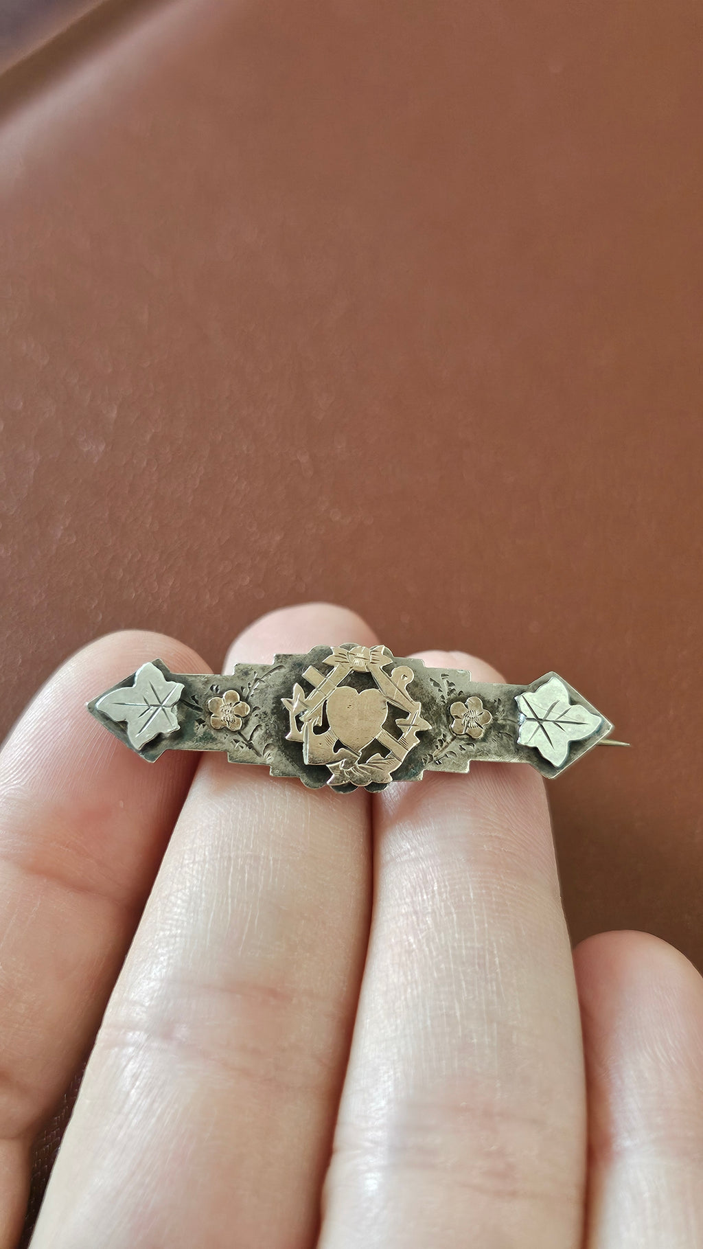 Antique Sterling Silver "Faith, Hope & Charity" Sweetheart Brooch