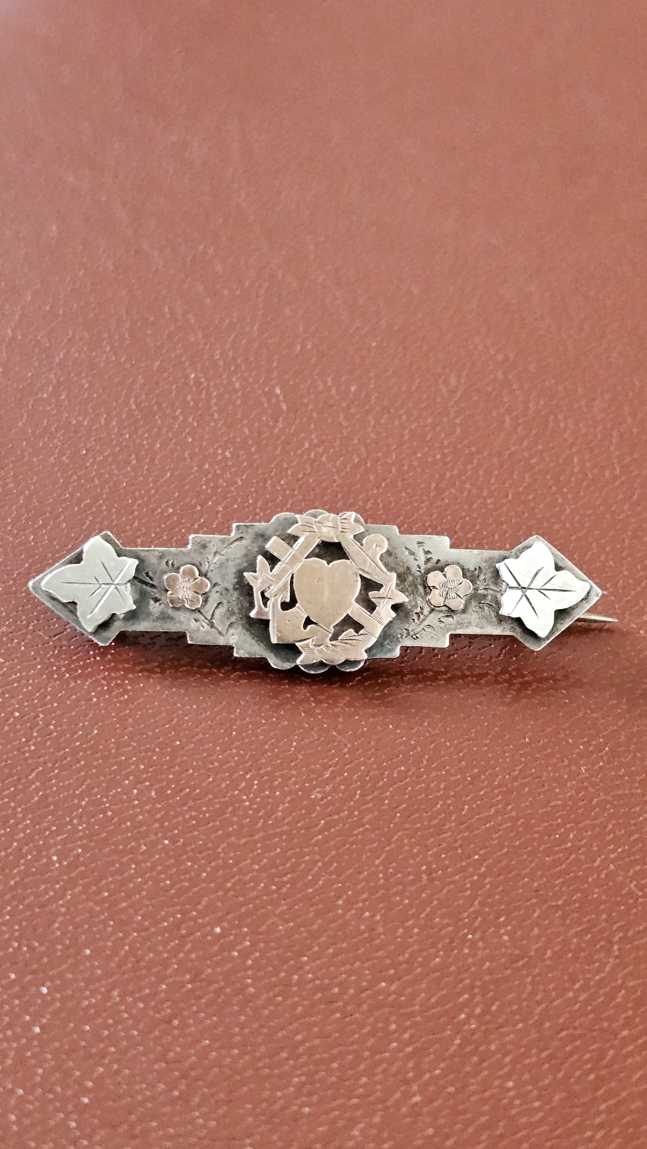 Antique Sterling Silver "Faith, Hope & Charity" Sweetheart Brooch