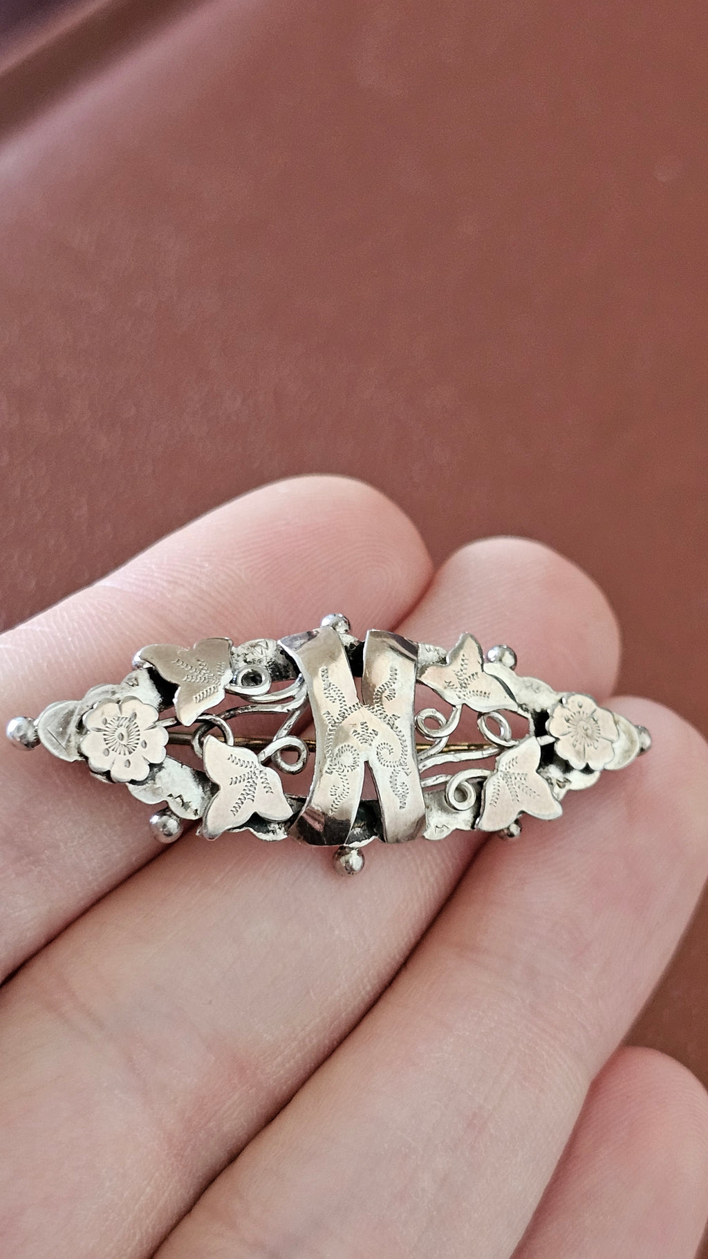 Antique Sterling Silver "N" Initial Sweetheart Brooch – Rare Chester Hallmarks