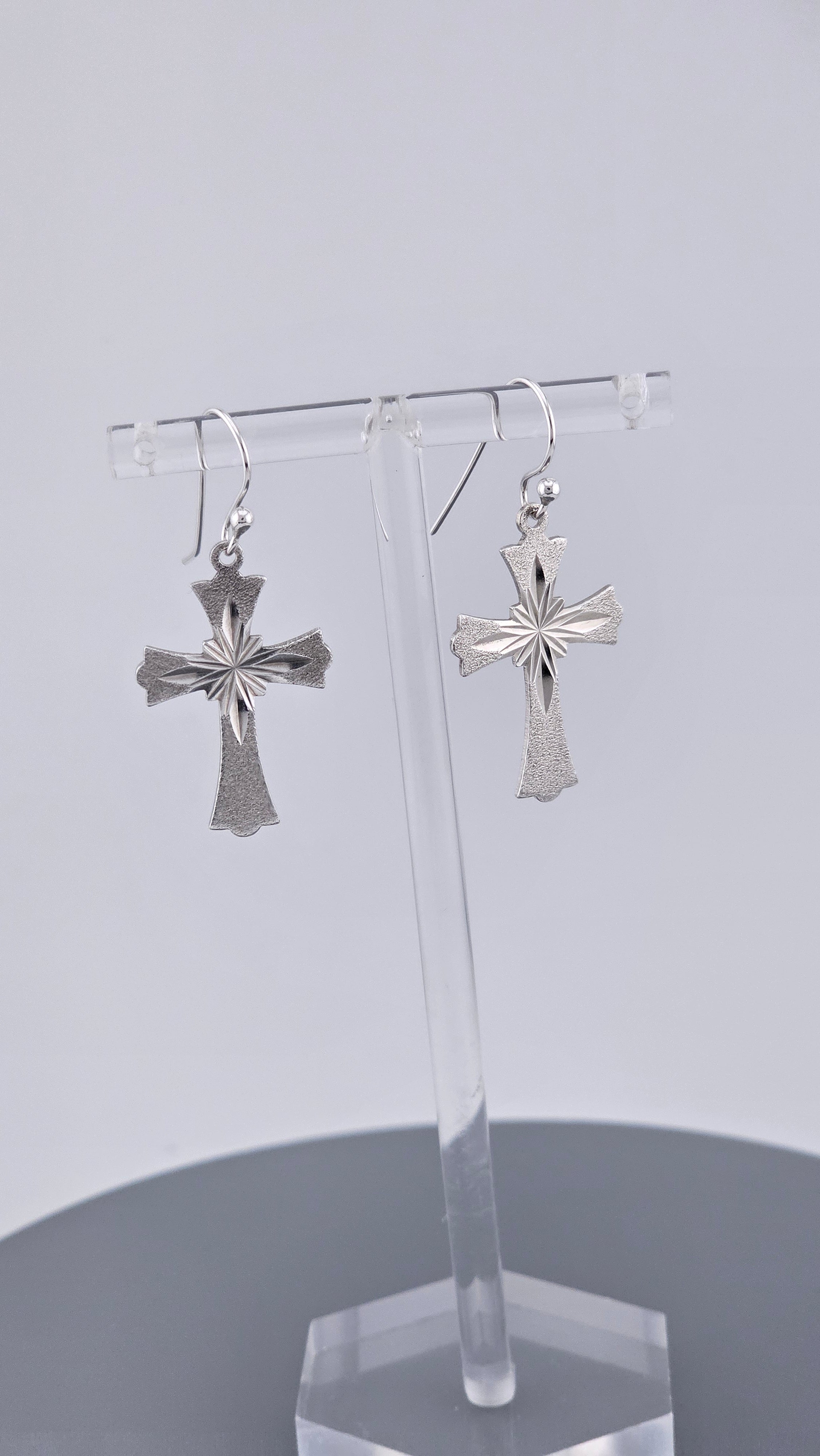 Vintage Sterling Silver Diamond-Cut Starburst Cross Drop Earrings