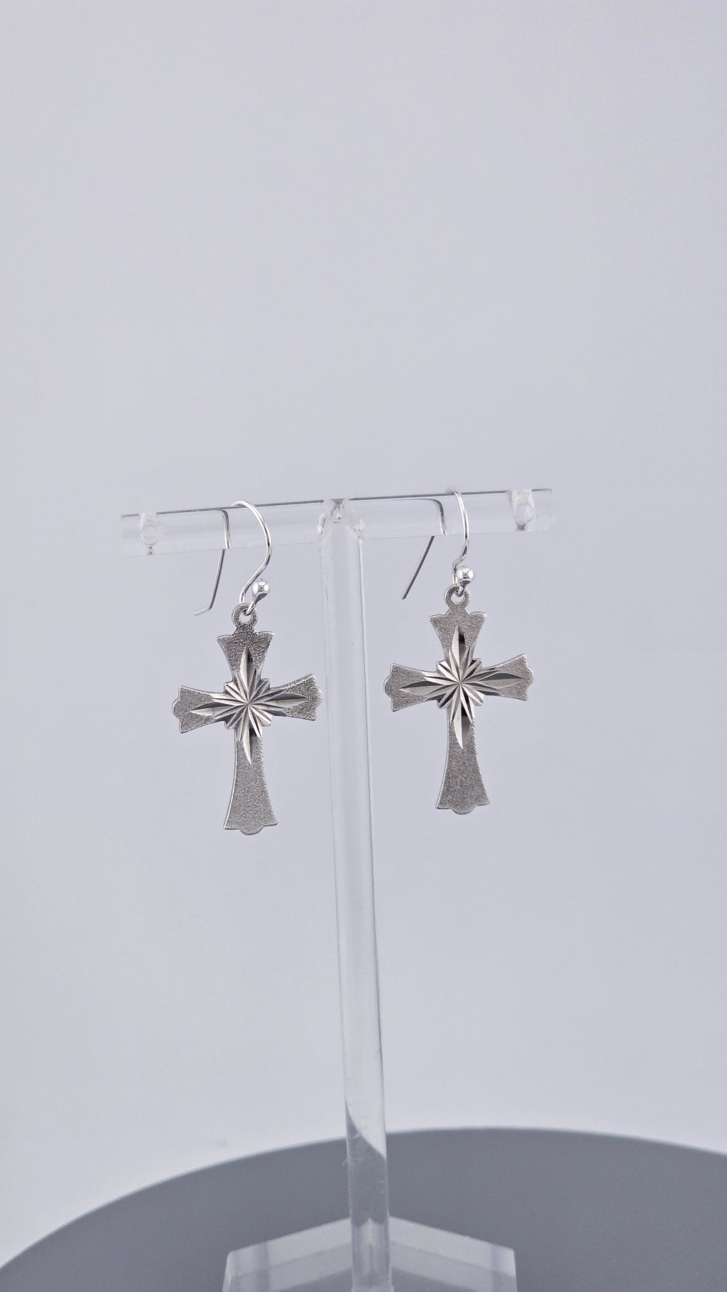 Vintage Sterling Silver Diamond-Cut Starburst Cross Drop Earrings