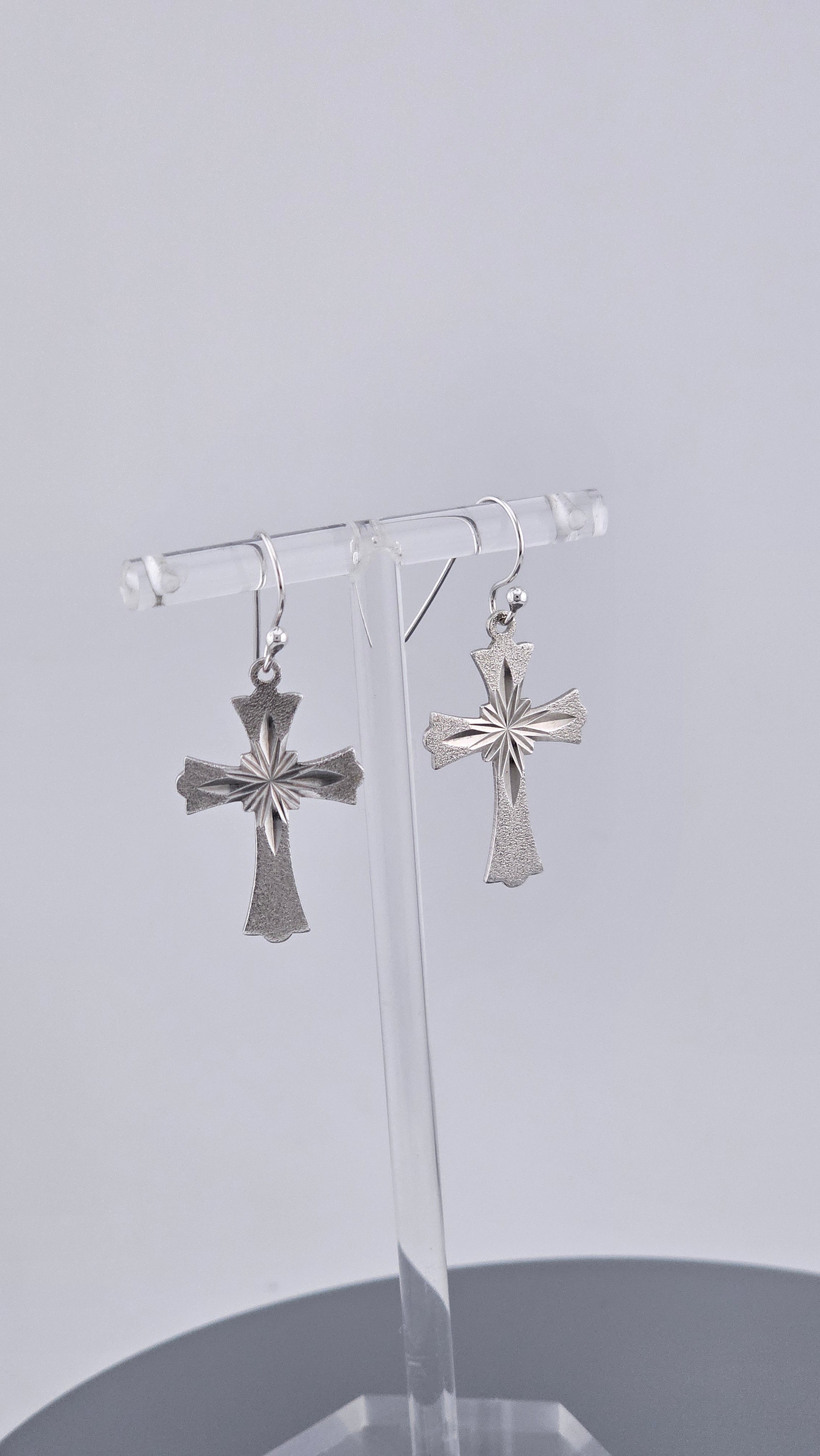 Vintage Sterling Silver Diamond-Cut Starburst Cross Drop Earrings