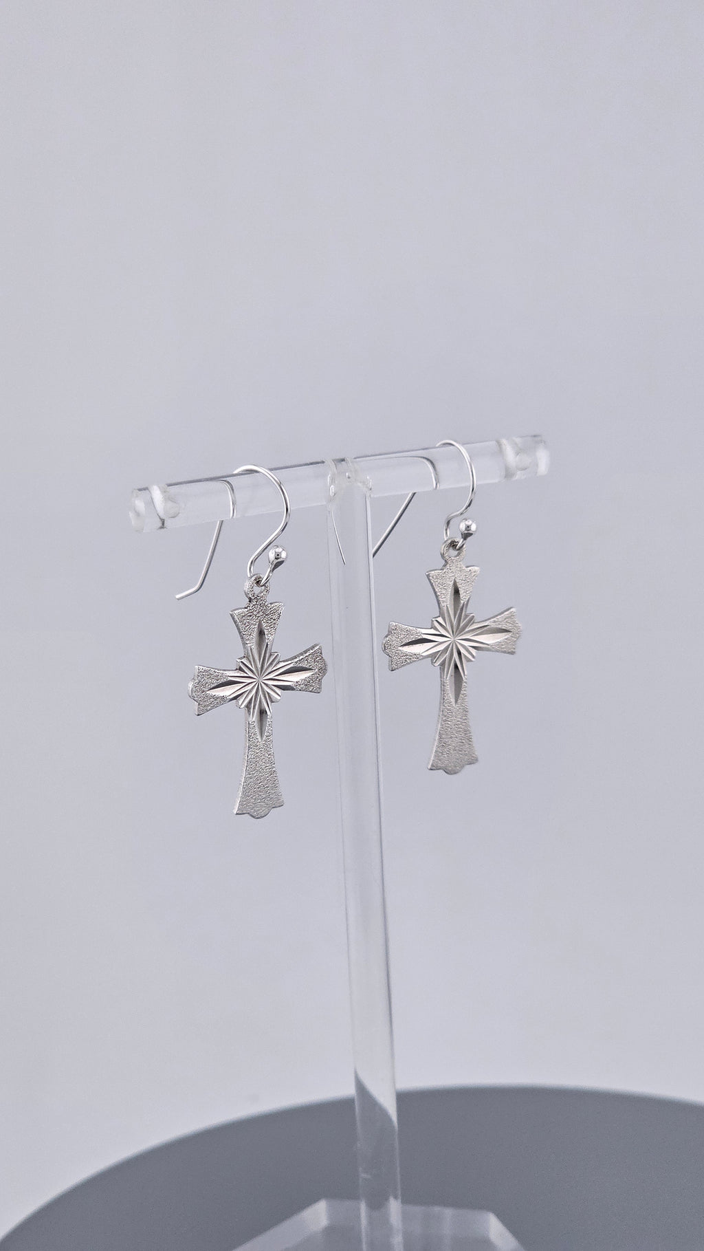 Vintage Sterling Silver Diamond-Cut Starburst Cross Drop Earrings