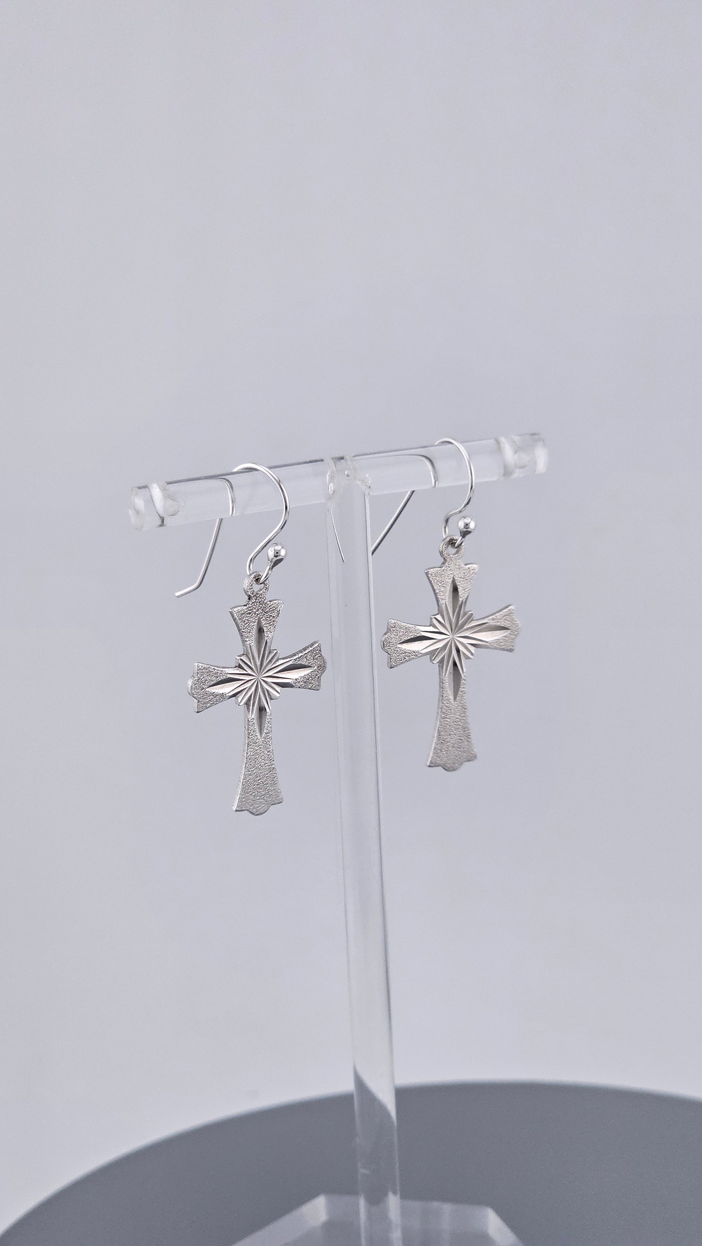 Vintage Sterling Silver Diamond-Cut Starburst Cross Drop Earrings