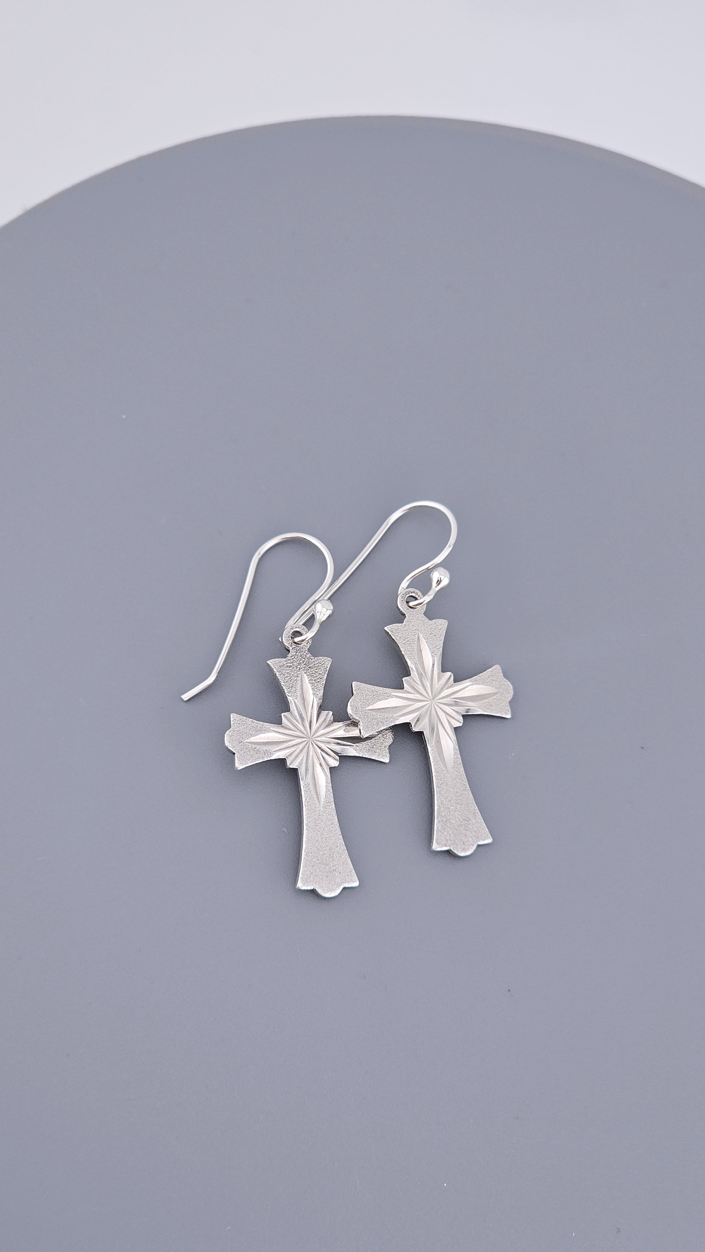 Vintage Sterling Silver Diamond-Cut Starburst Cross Drop Earrings