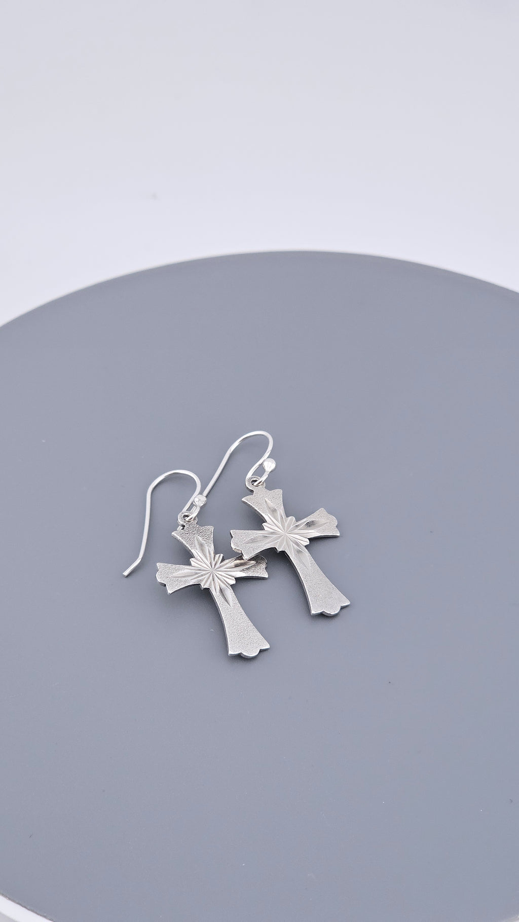 Vintage Sterling Silver Diamond-Cut Starburst Cross Drop Earrings