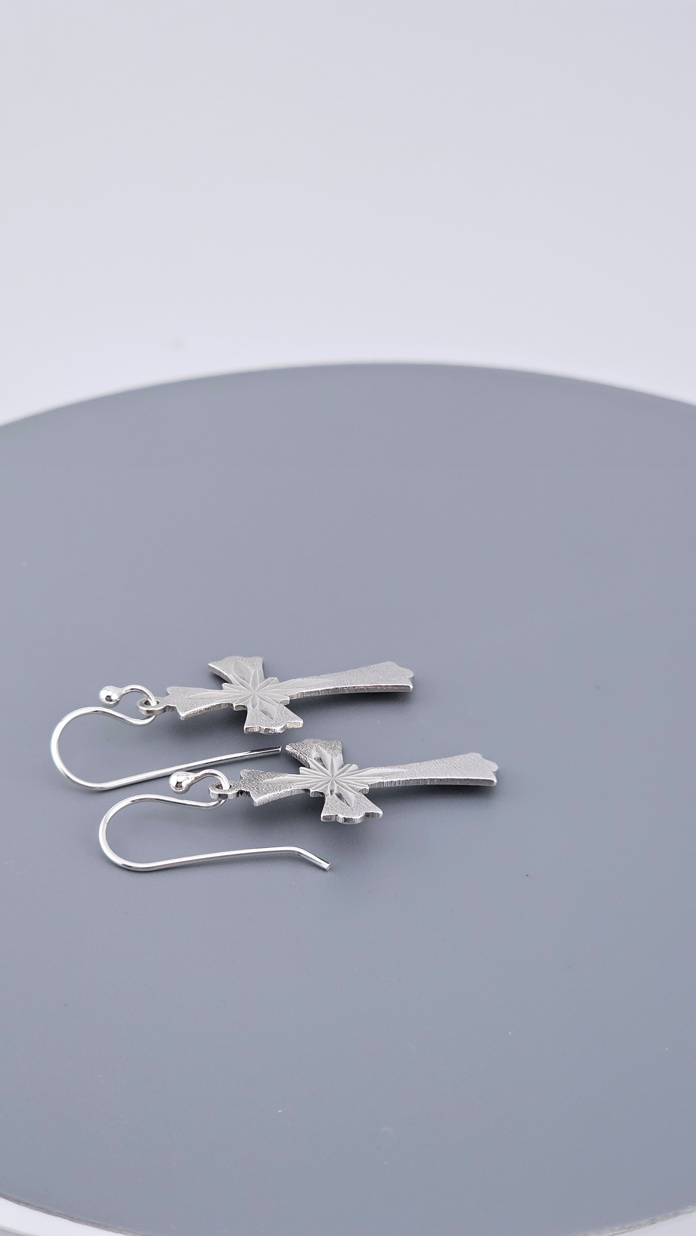 Vintage Sterling Silver Diamond-Cut Starburst Cross Drop Earrings