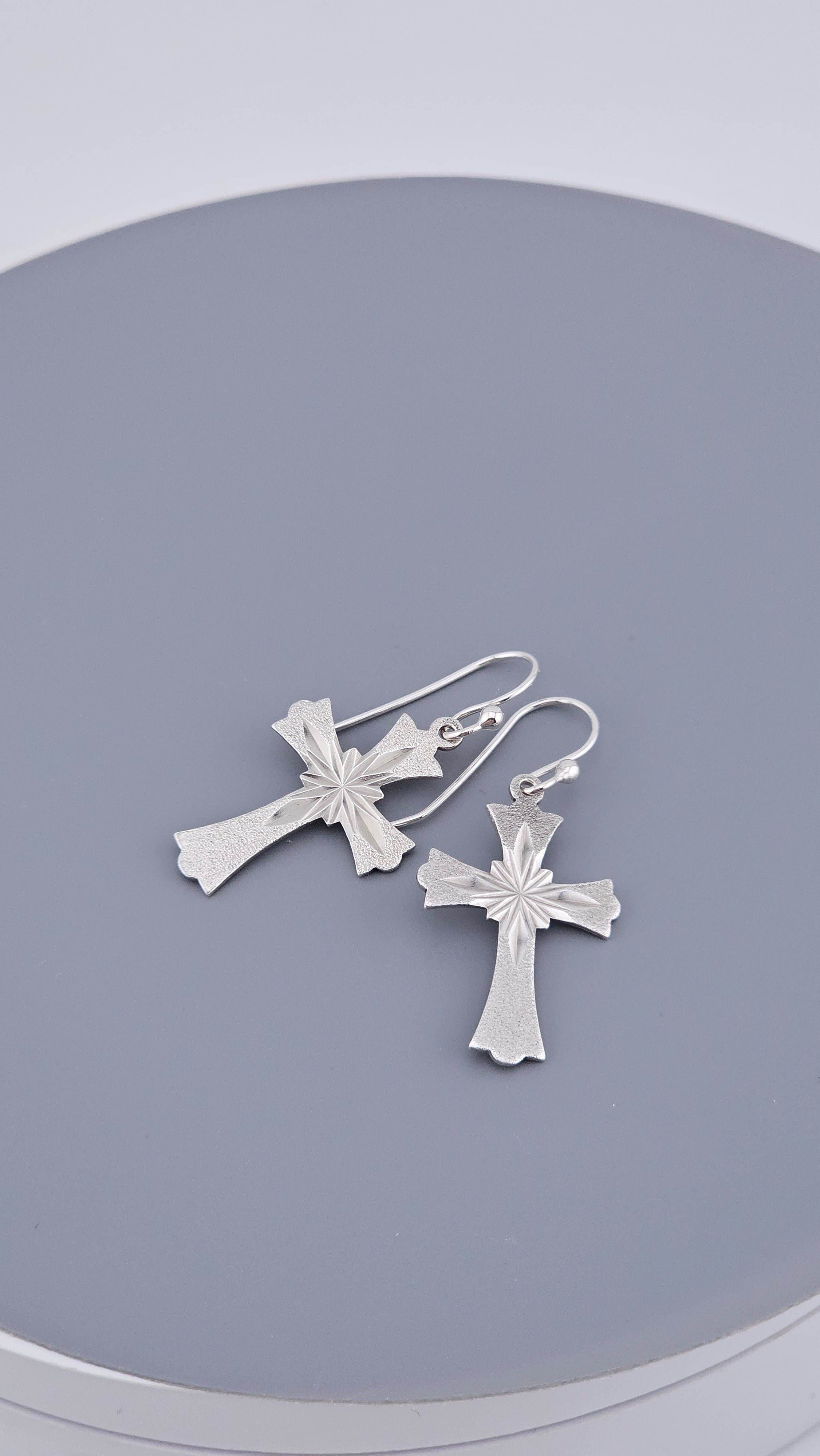 Vintage Sterling Silver Diamond-Cut Starburst Cross Drop Earrings