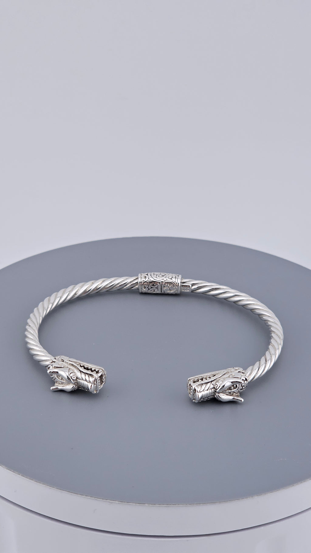 Vintage 925 Sterling Silver Hinged Dragon Head Cable Cuff - 19.5cm