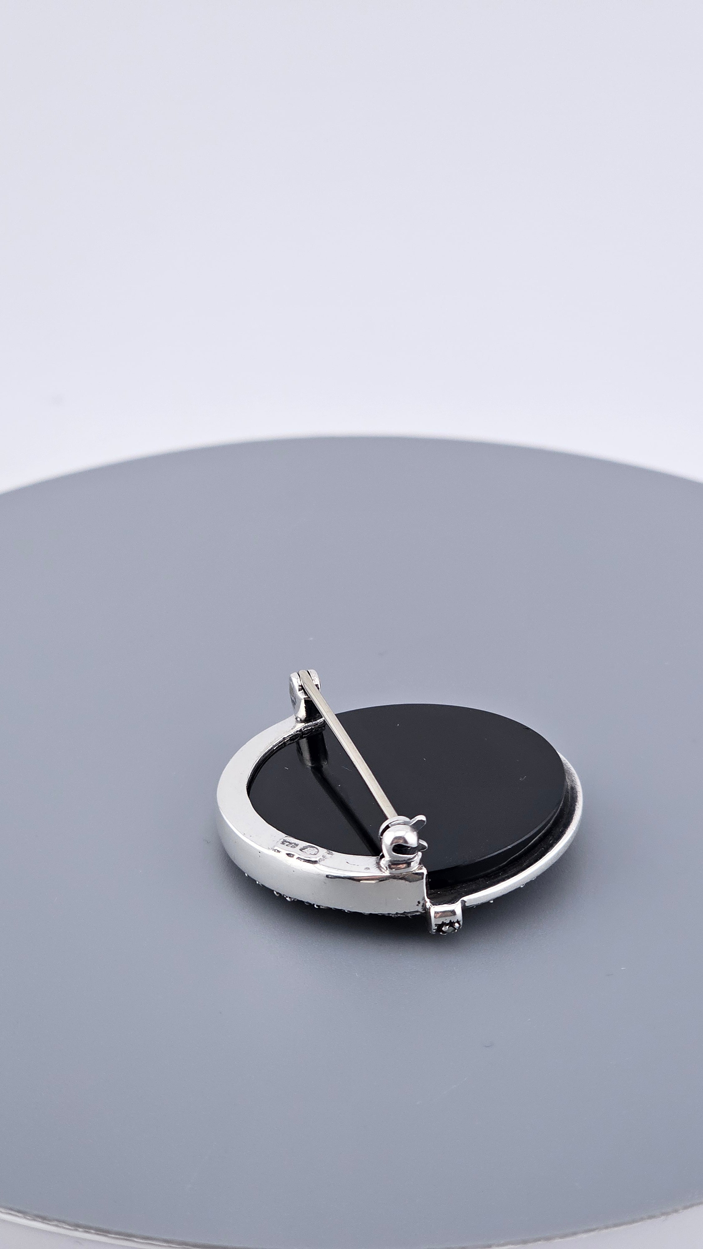 Vintage Sterling Silver Marcasite & Black Onyx Floral Brooch