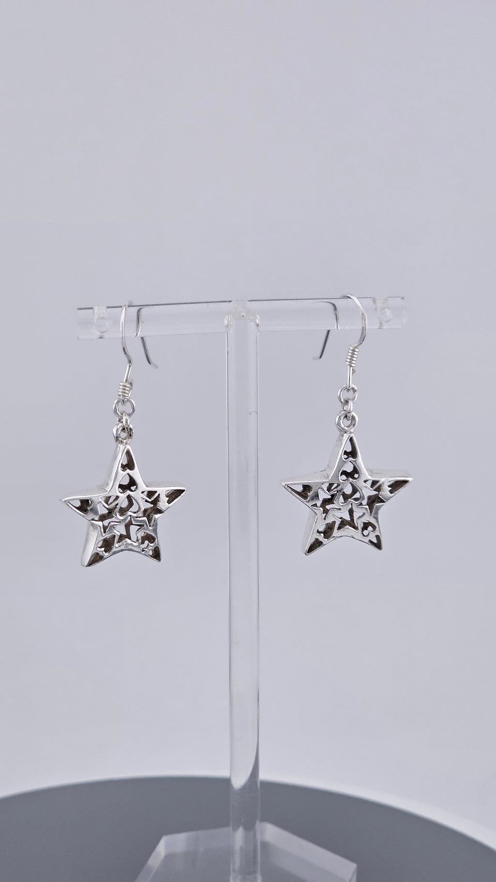 Vintage 925 Sterling Silver Heart-In-Star Cutout Drop Earrings