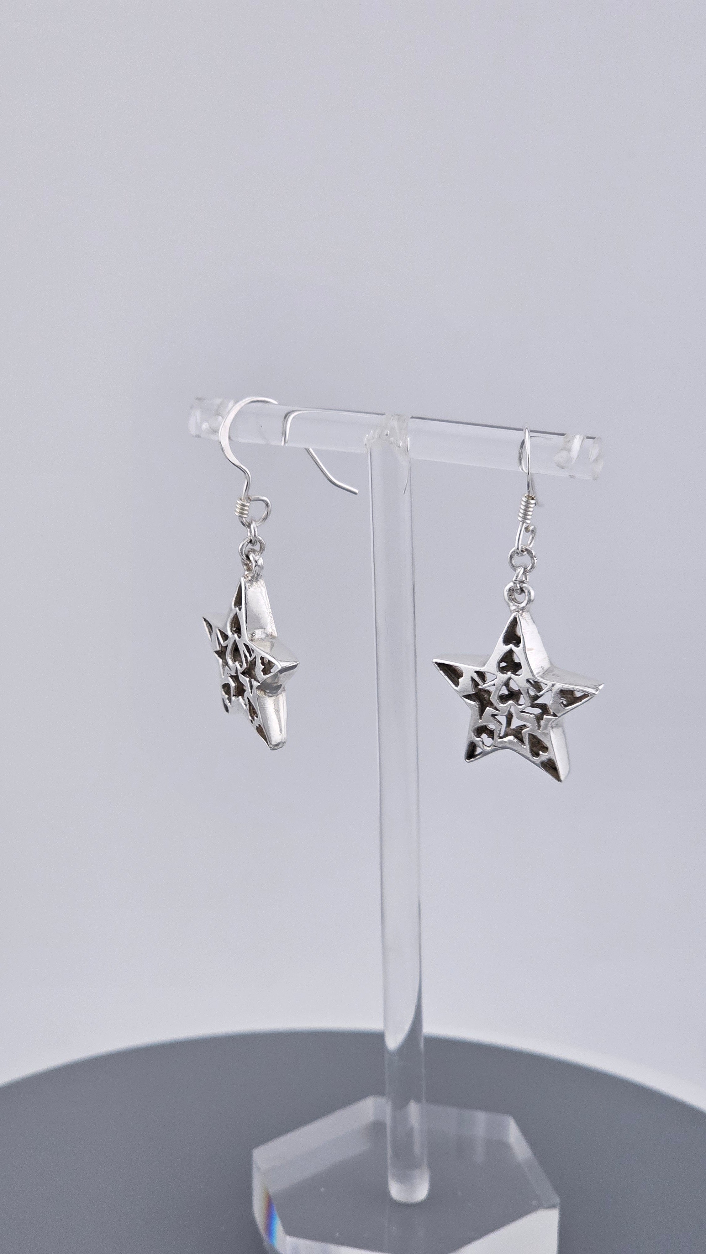 Vintage 925 Sterling Silver Heart-In-Star Cutout Drop Earrings