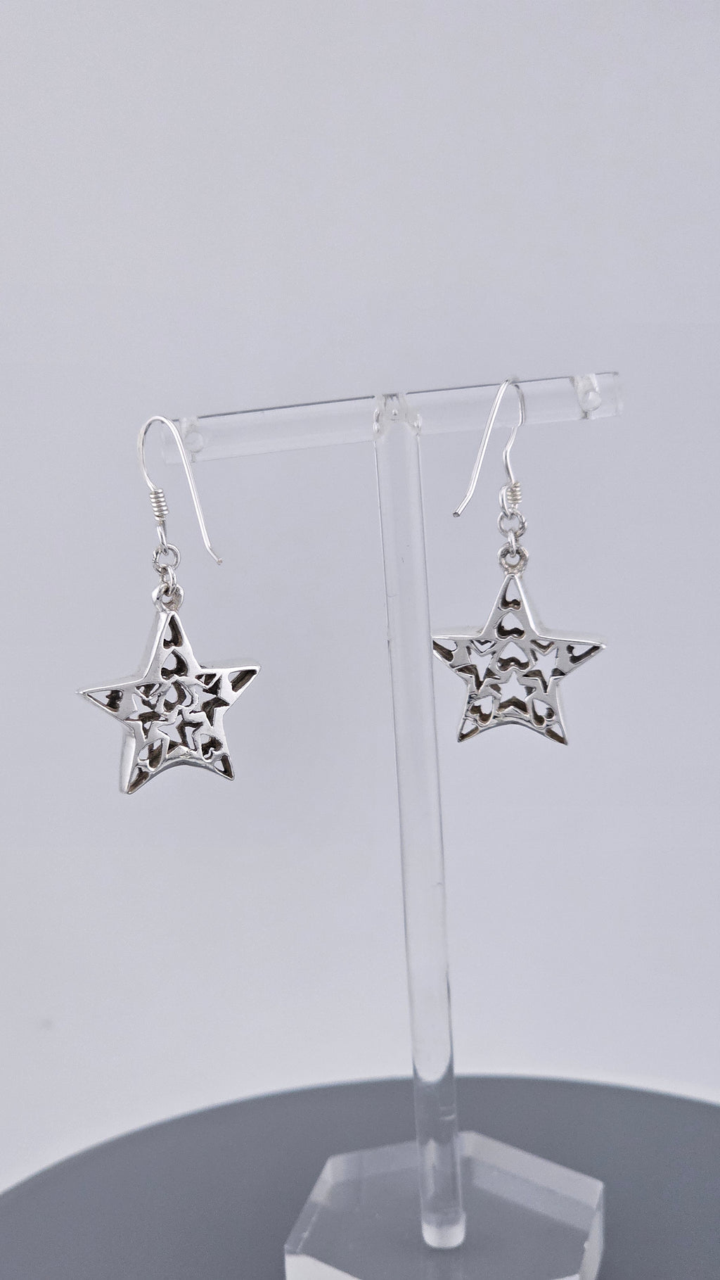 Vintage 925 Sterling Silver Heart-In-Star Cutout Drop Earrings