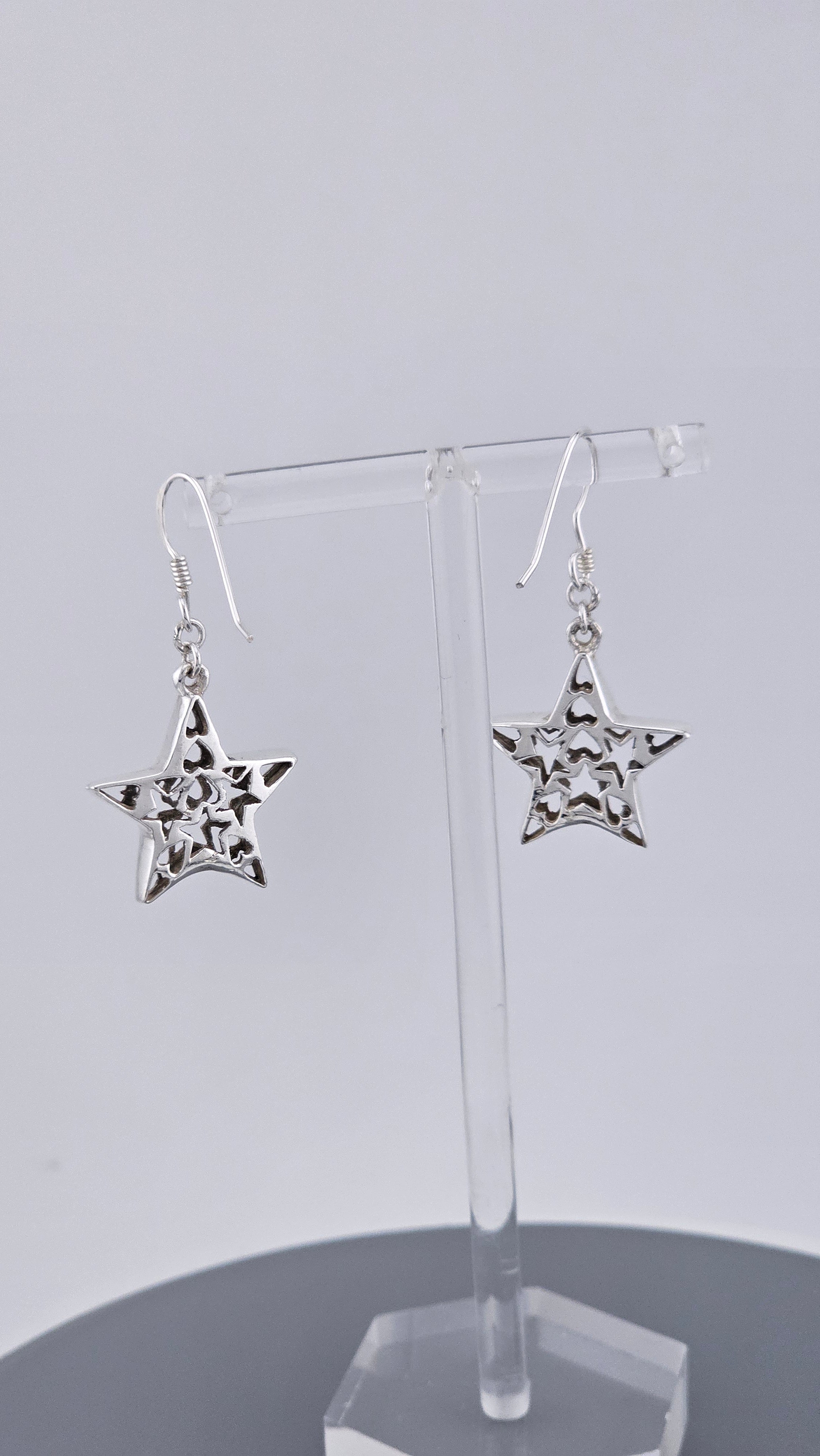 Vintage 925 Sterling Silver Heart-In-Star Cutout Drop Earrings