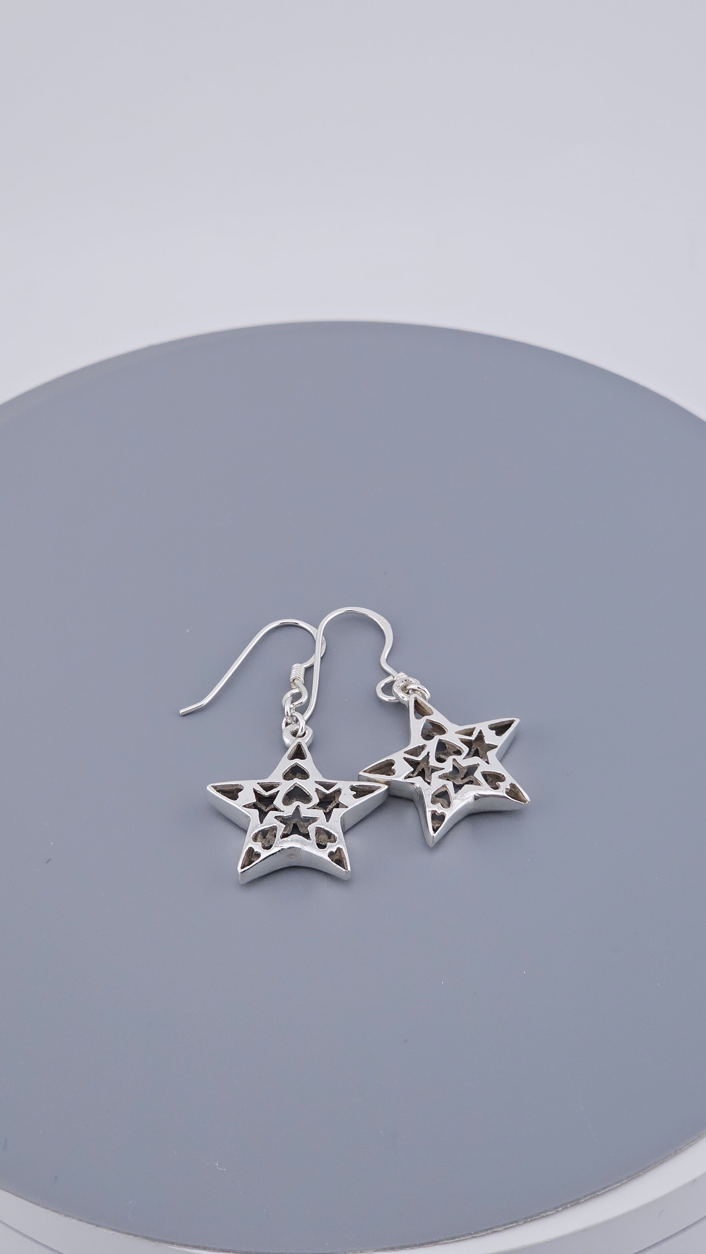 Vintage 925 Sterling Silver Heart-In-Star Cutout Drop Earrings