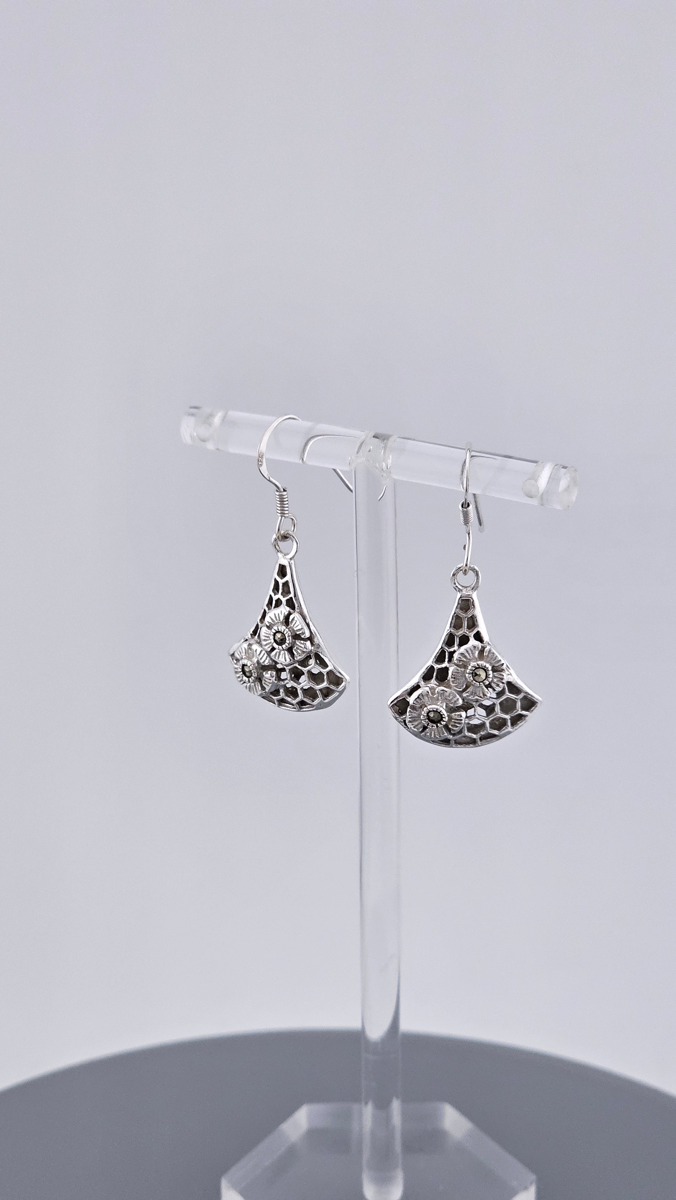 925 Sterling Silver Marcasite & Floral Honeycomb Dangle Earrings