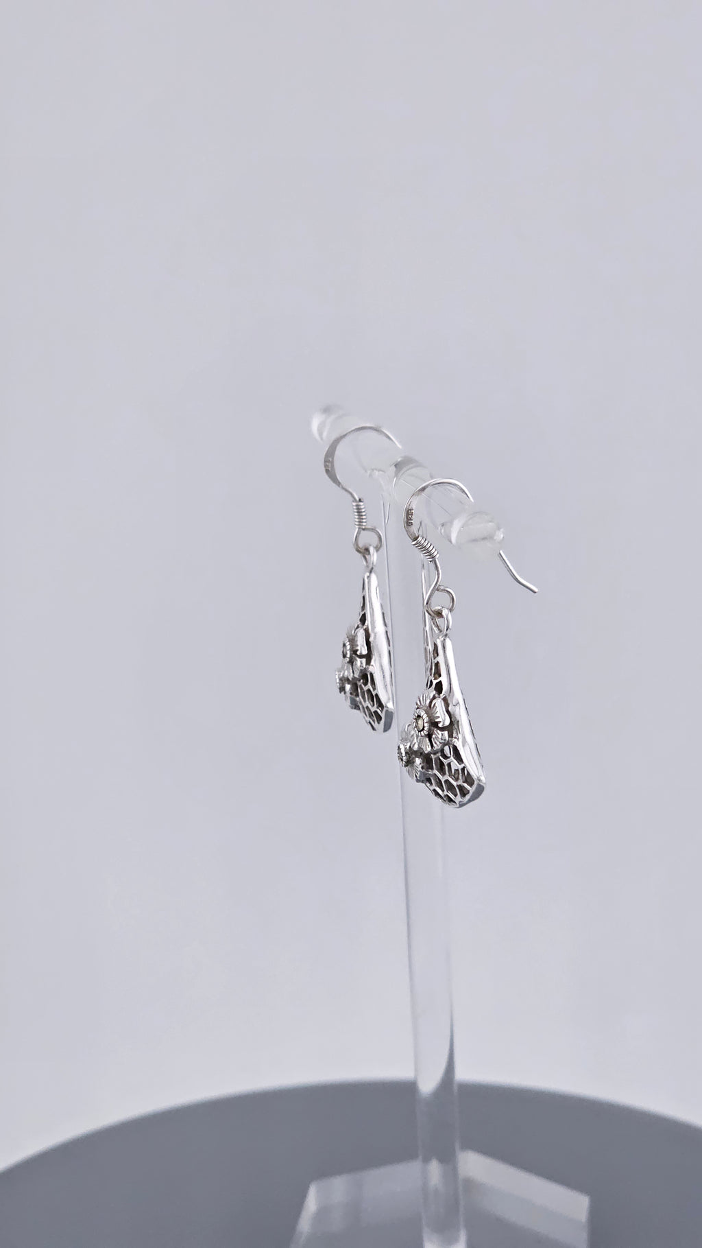 925 Sterling Silver Marcasite & Floral Honeycomb Dangle Earrings