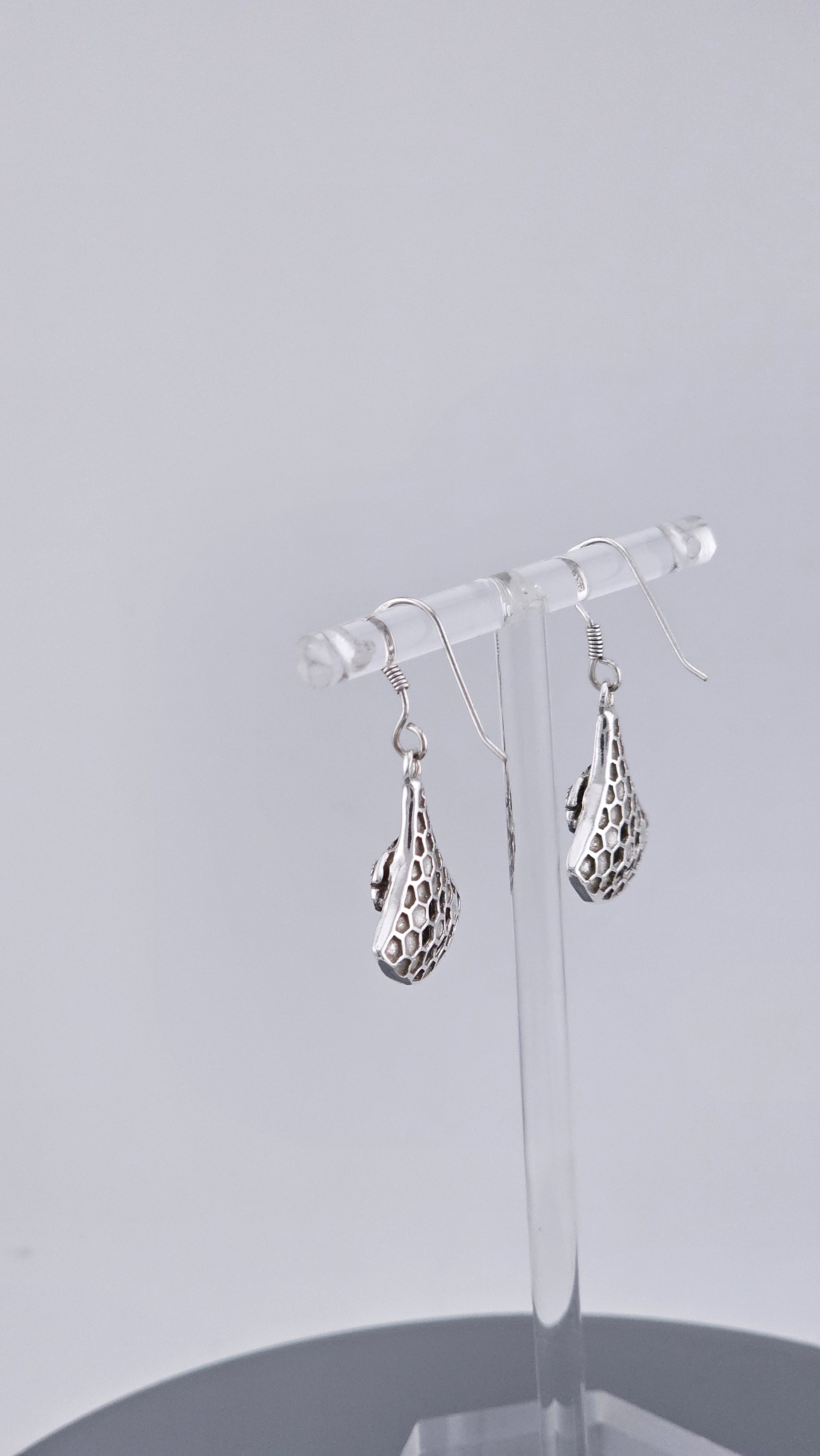 925 Sterling Silver Marcasite & Floral Honeycomb Dangle Earrings