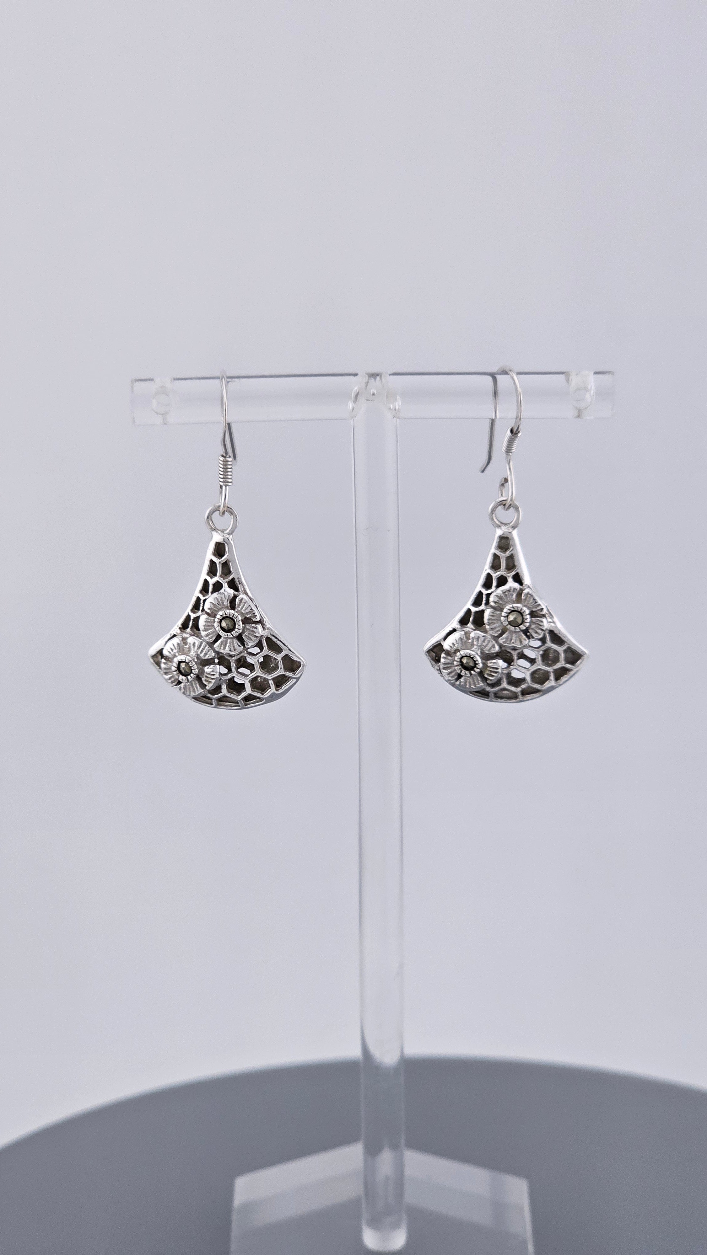 925 Sterling Silver Marcasite & Floral Honeycomb Dangle Earrings