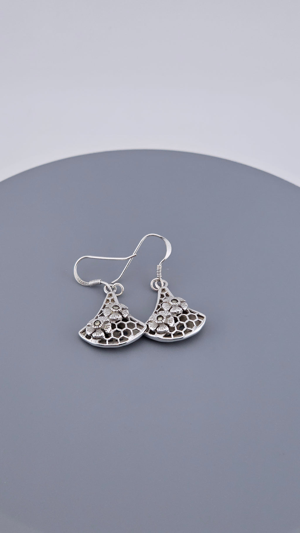 925 Sterling Silver Marcasite & Floral Honeycomb Dangle Earrings