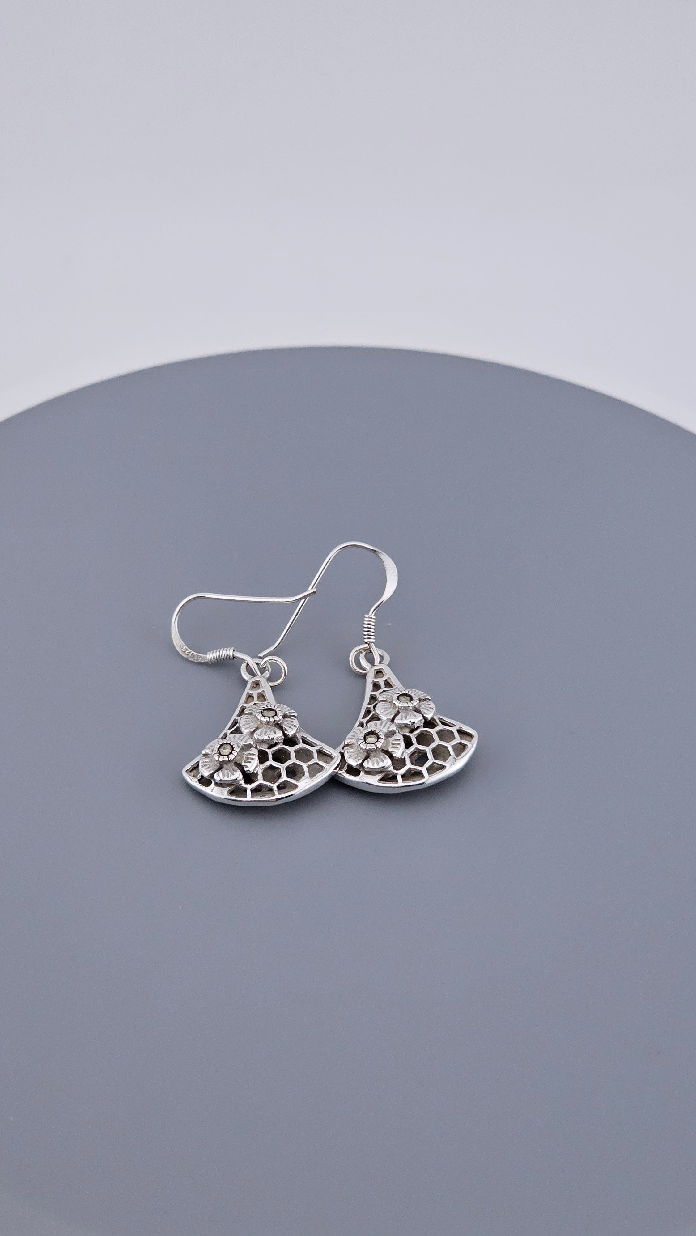 925 Sterling Silver Marcasite & Floral Honeycomb Dangle Earrings
