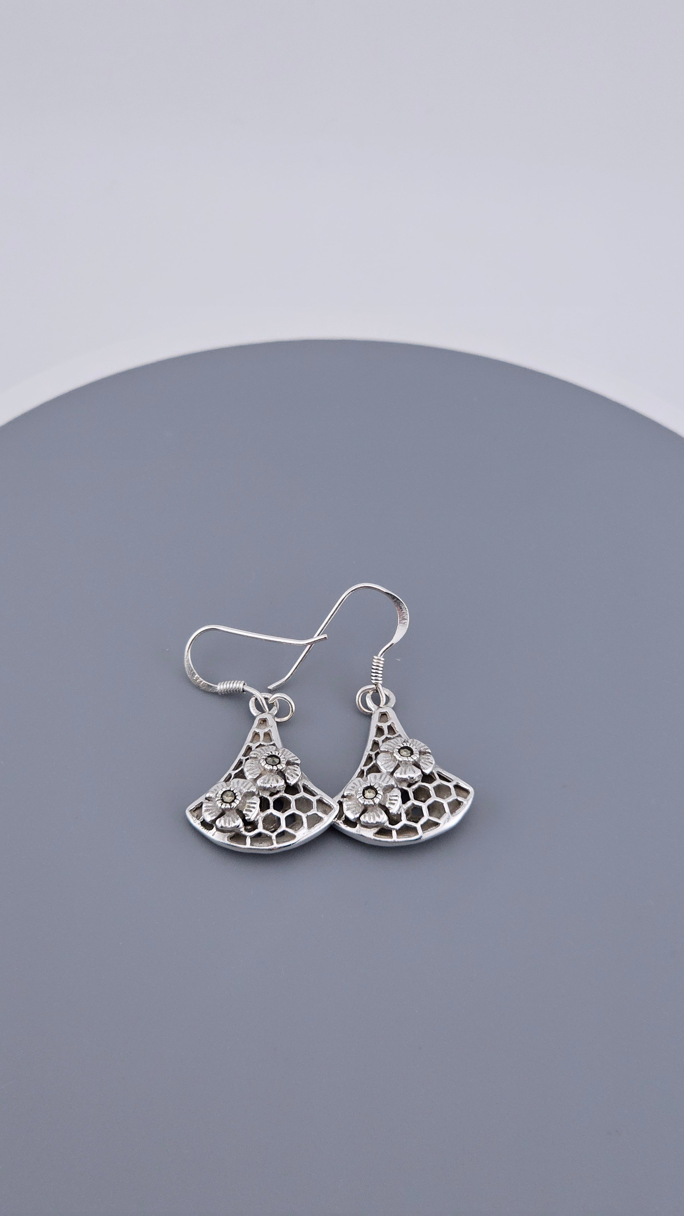 925 Sterling Silver Marcasite & Floral Honeycomb Dangle Earrings