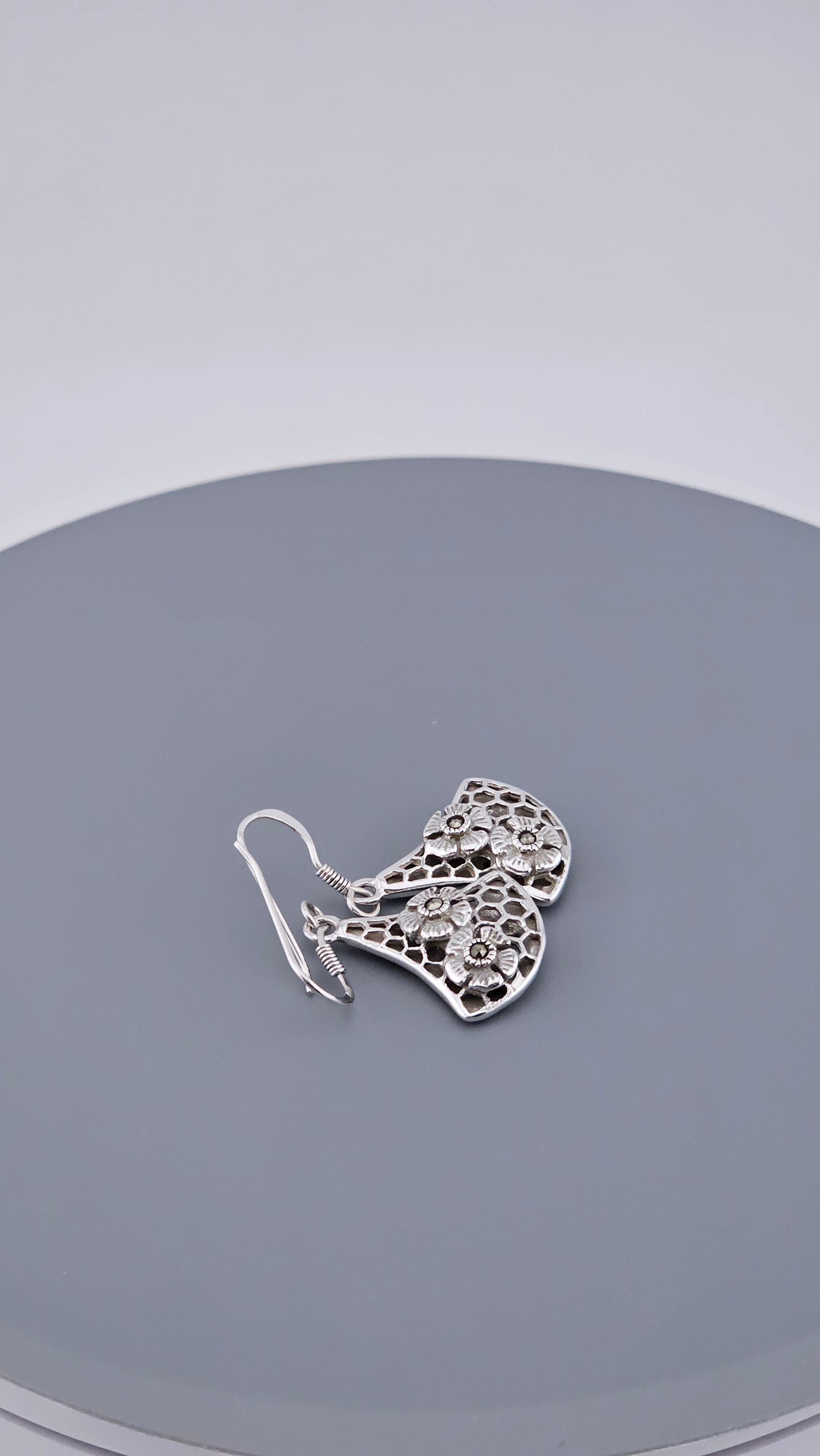 925 Sterling Silver Marcasite & Floral Honeycomb Dangle Earrings