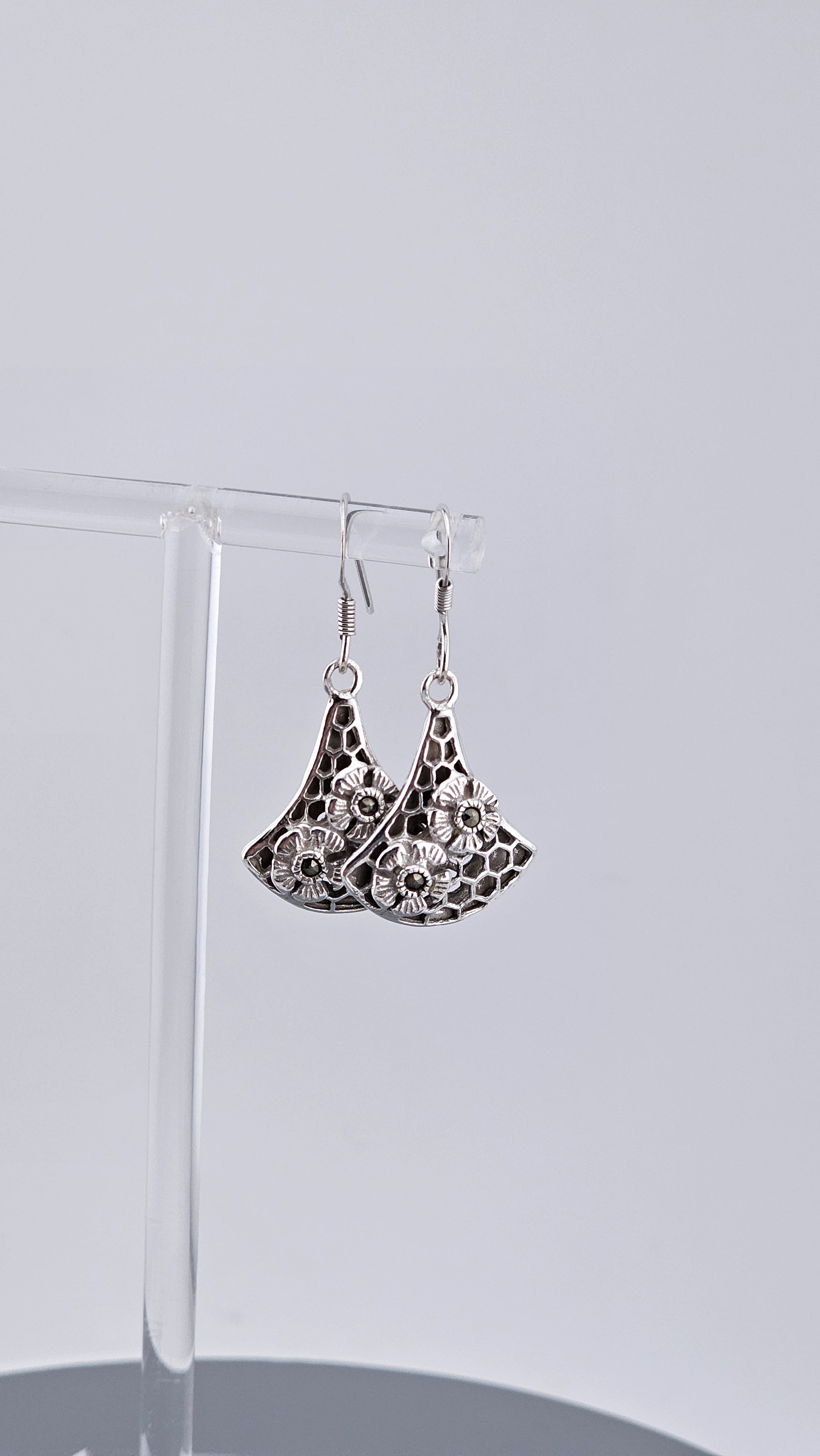 925 Sterling Silver Marcasite & Floral Honeycomb Dangle Earrings