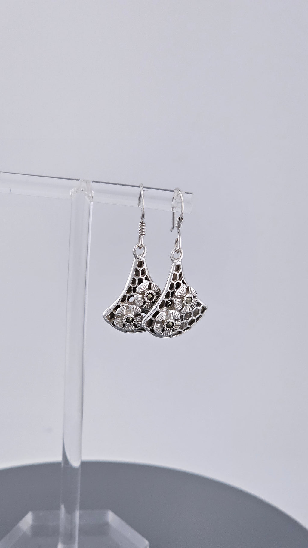 925 Sterling Silver Marcasite & Floral Honeycomb Dangle Earrings