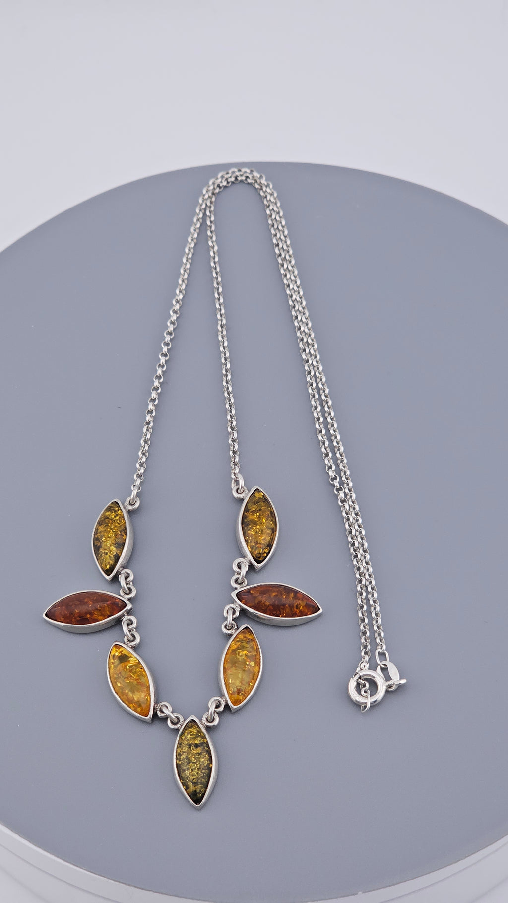 Multi-Tonal Baltic Amber & Sterling Silver Marquise Leaf Necklace