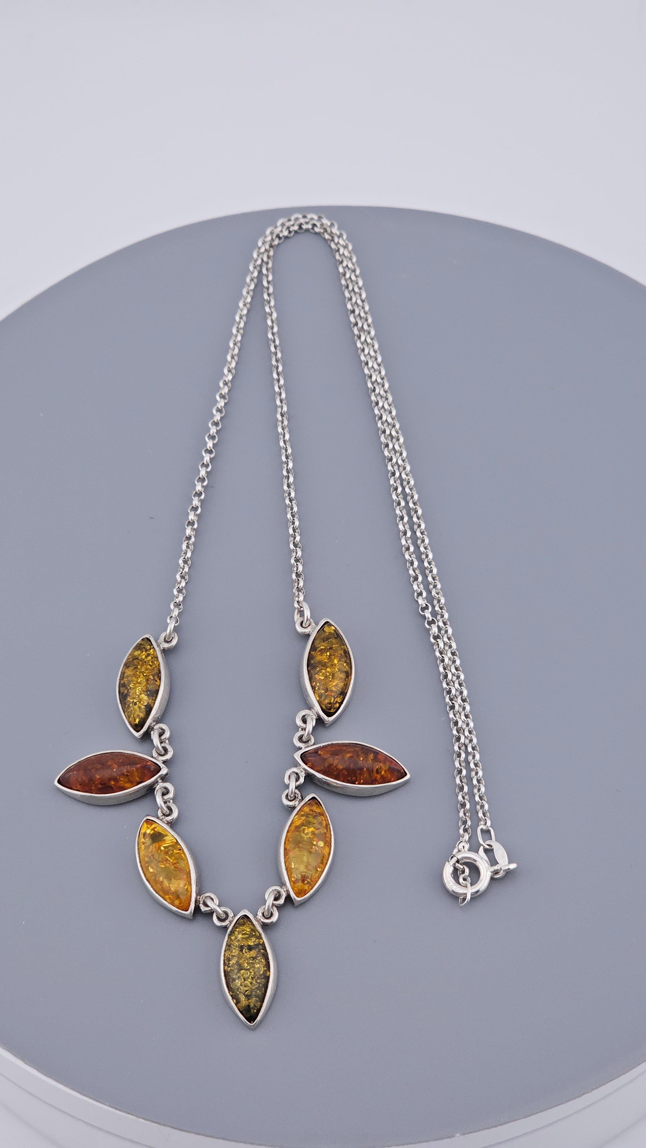 Multi-Tonal Baltic Amber & Sterling Silver Marquise Leaf Necklace