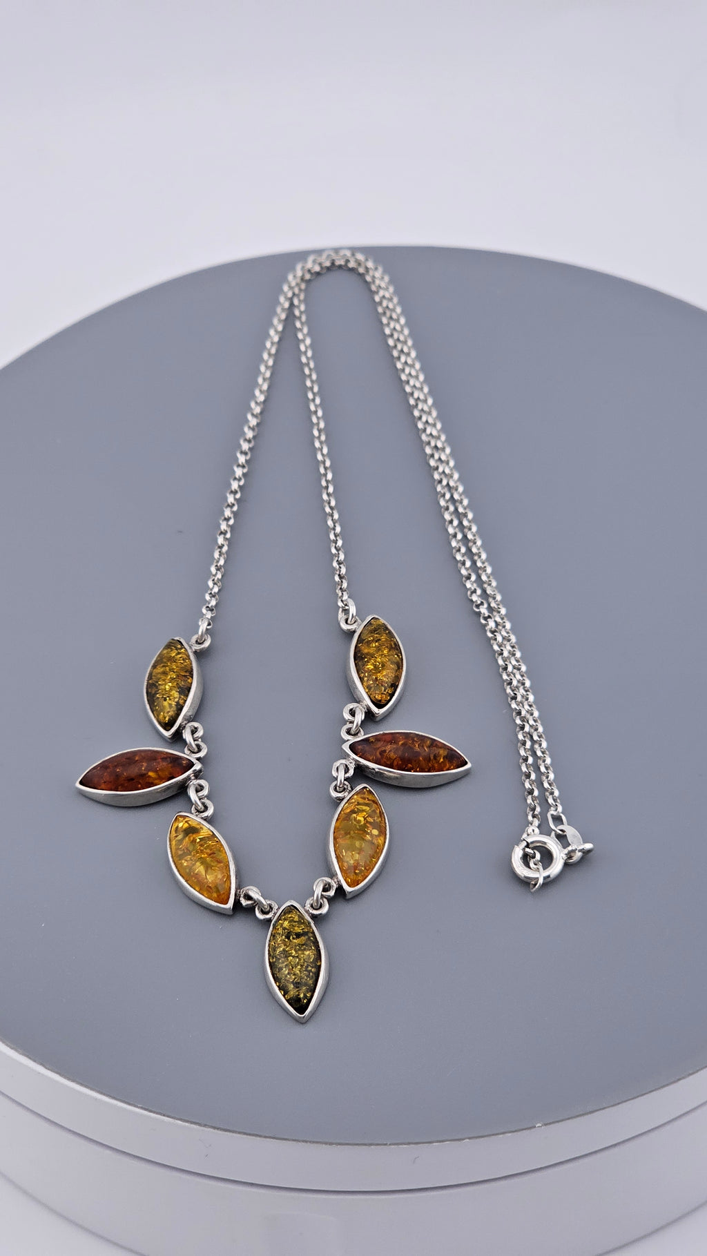 Multi-Tonal Baltic Amber & Sterling Silver Marquise Leaf Necklace