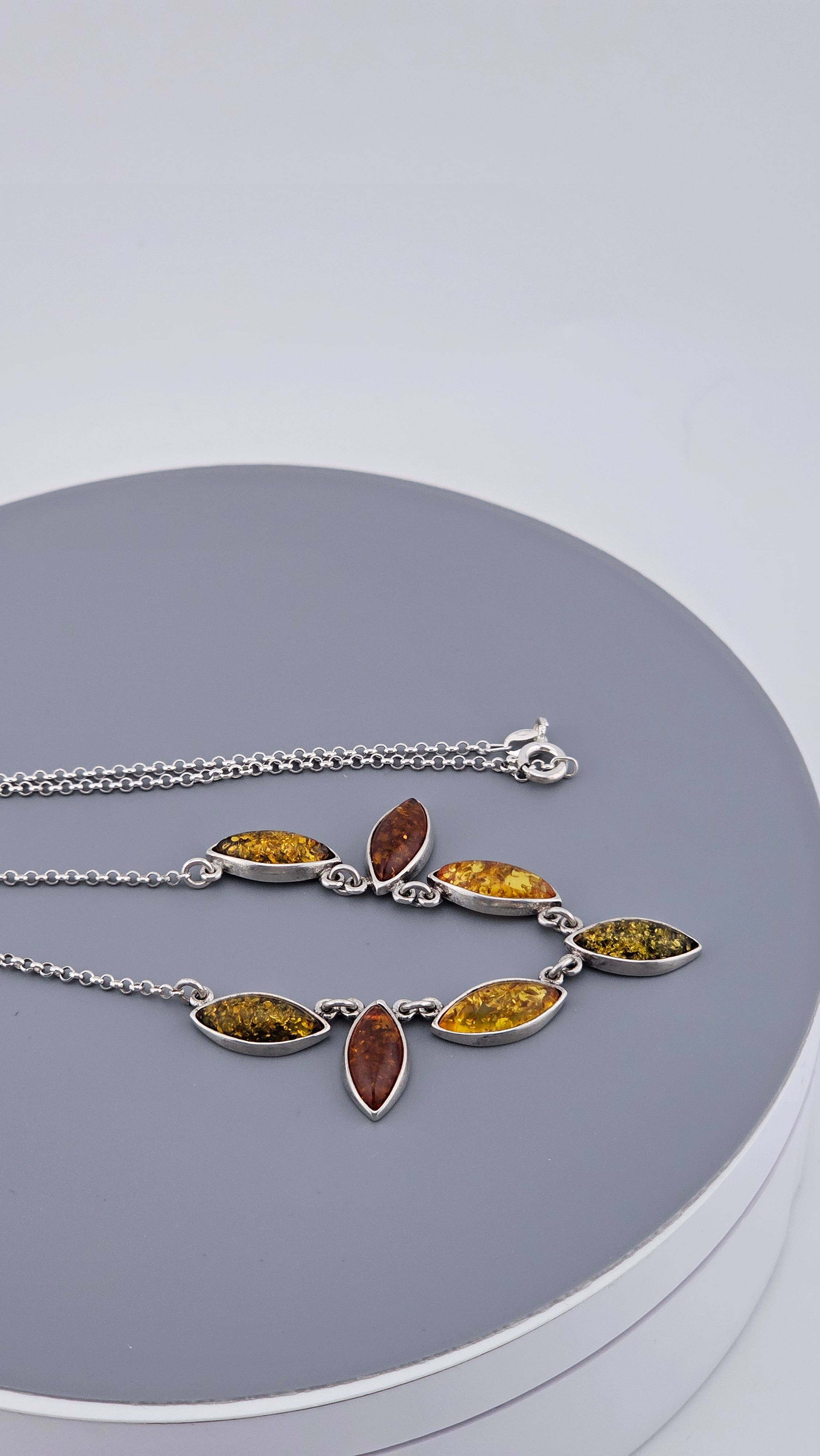 Multi-Tonal Baltic Amber & Sterling Silver Marquise Leaf Necklace