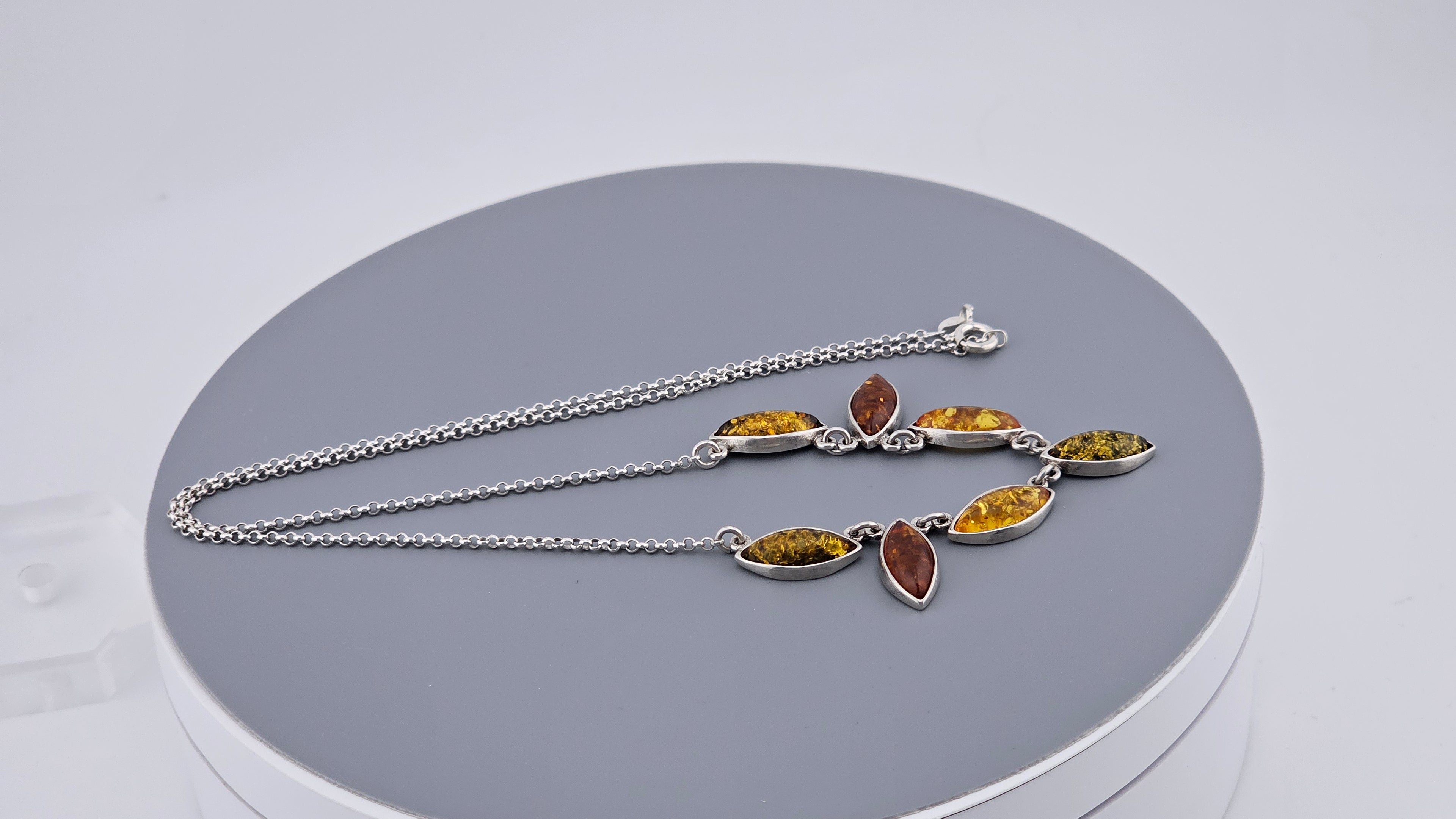 Multi-Tonal Baltic Amber & Sterling Silver Marquise Leaf Necklace