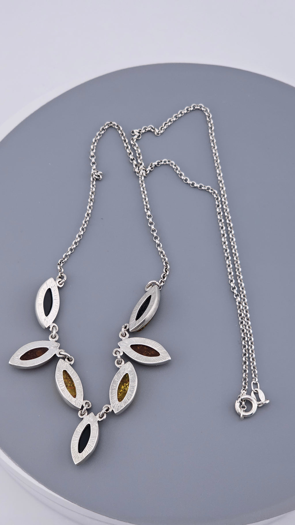 Multi-Tonal Baltic Amber & Sterling Silver Marquise Leaf Necklace